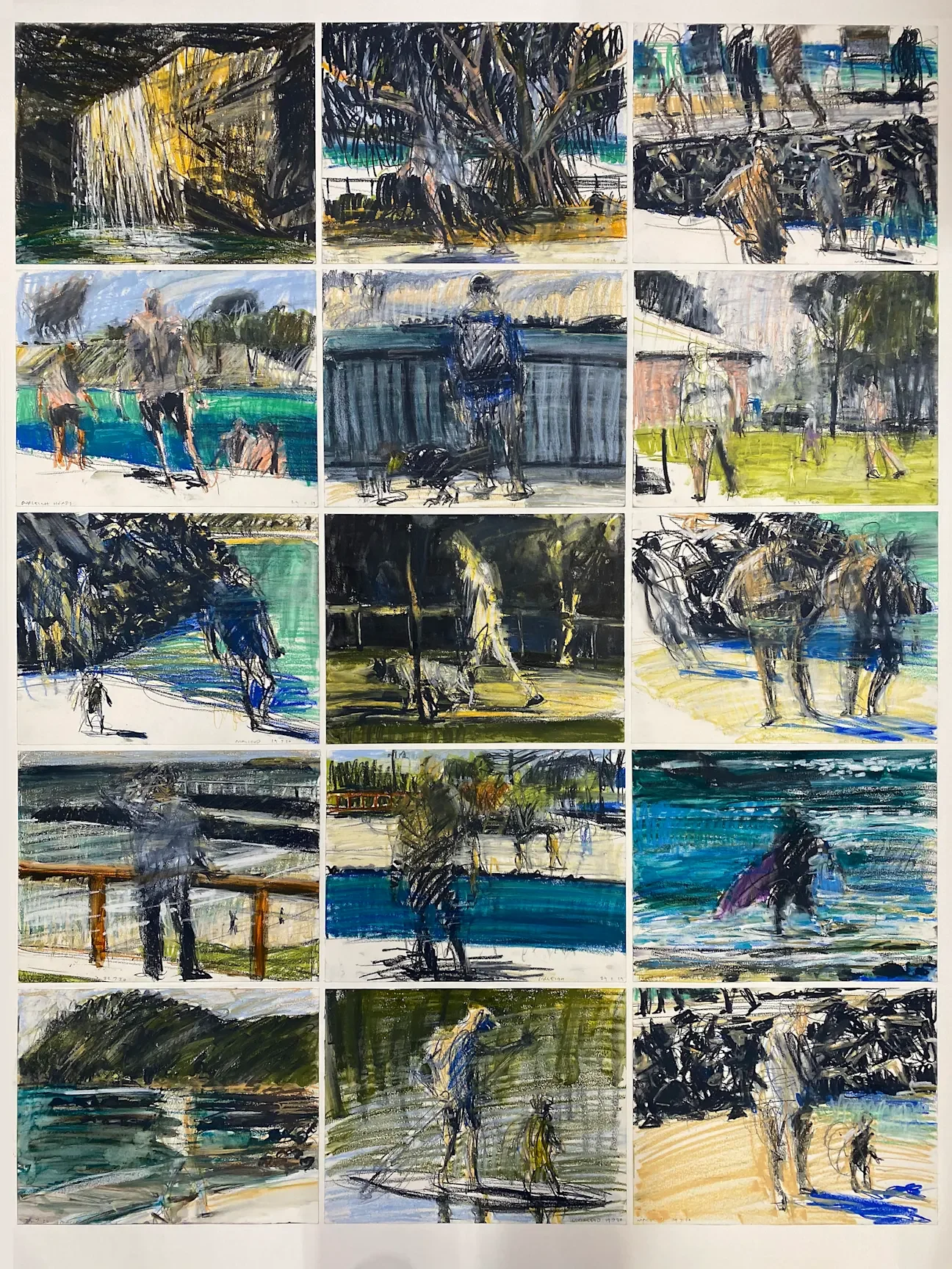 uan Macleod, 'Borderlands – Between NSW and QLD', 2020, pastel on paper, 15 parts: each 28 × 36 cm, 156 × 120 cm (overall), courtesy the artist and King Street Gallery on William © the artist