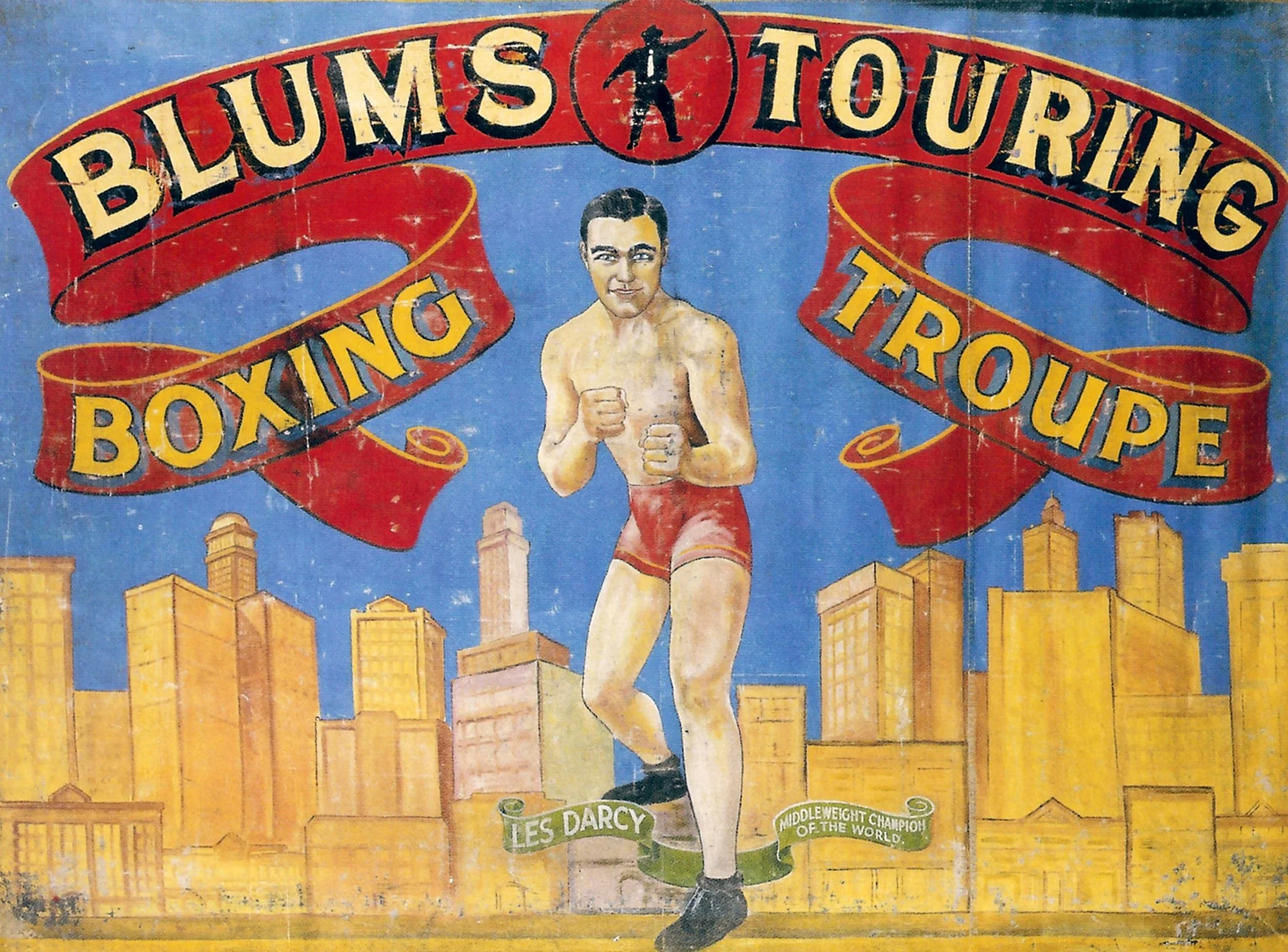 Blums Touring Boxing Troupe, Boxing troupe canvas featuring Les Darcy - in boxing pose, c.1950, Mixed media, 175 x 233 cm, Purchased by Maitland Regional Art Gallery, 2004