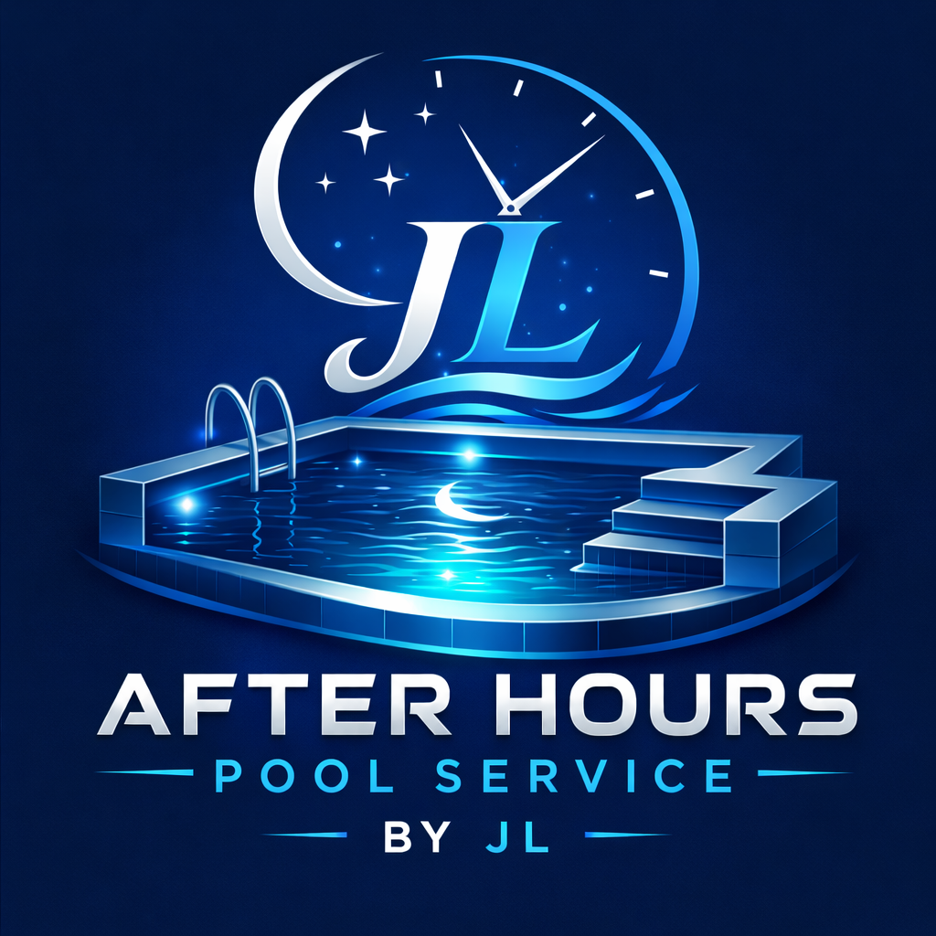 Logo for After Hours Pool Service by JL featuring a swimming pool with steps, a moon, stars, and a clock, in a blue color scheme.