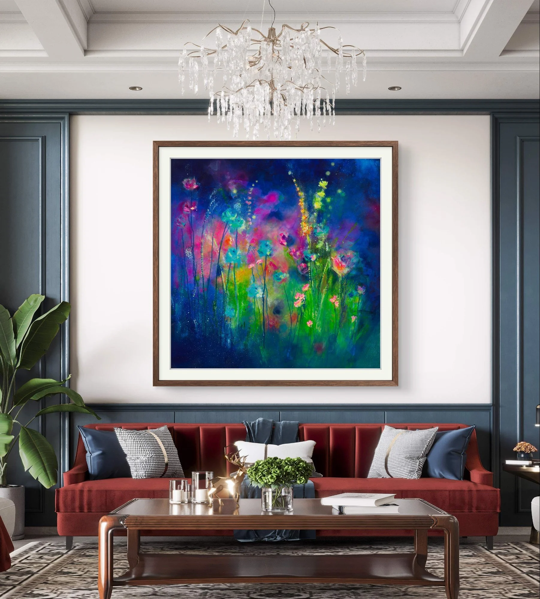 Dancing in the Moonlight original acrylic painting displayed above a retro living room sofa to show scale and styling