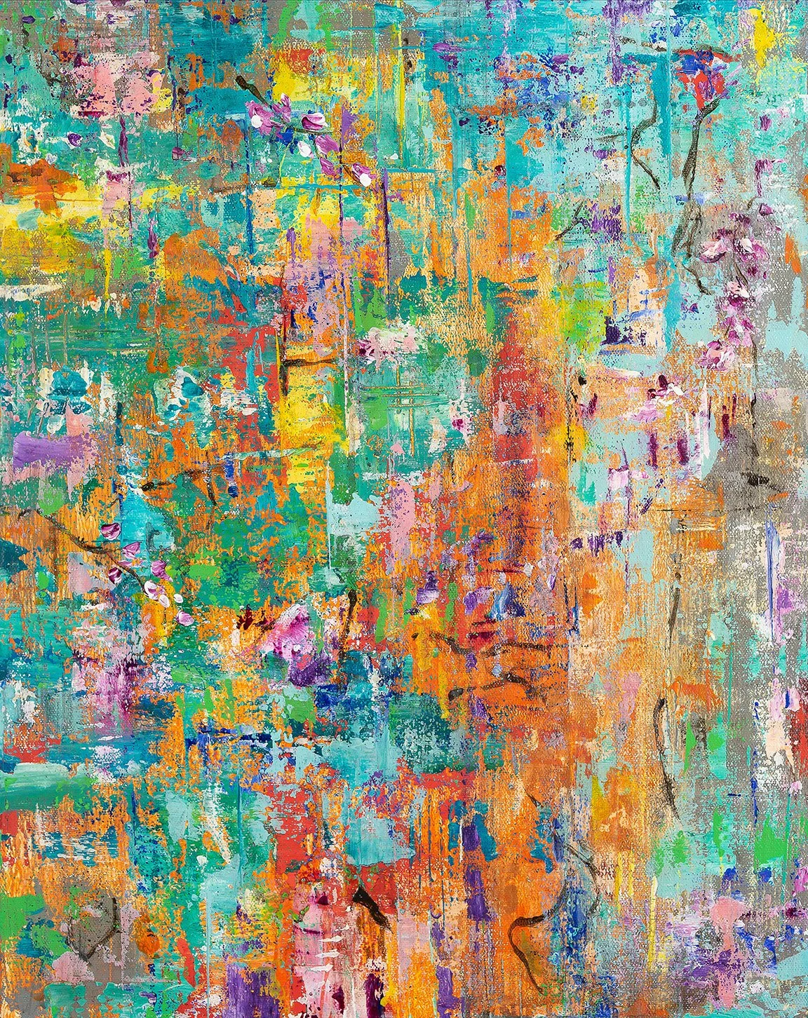 Abstract colorful painting with splashes of orange, yellow, green, blue, purple, pink, and black, featuring textured brushstrokes and layered paint.