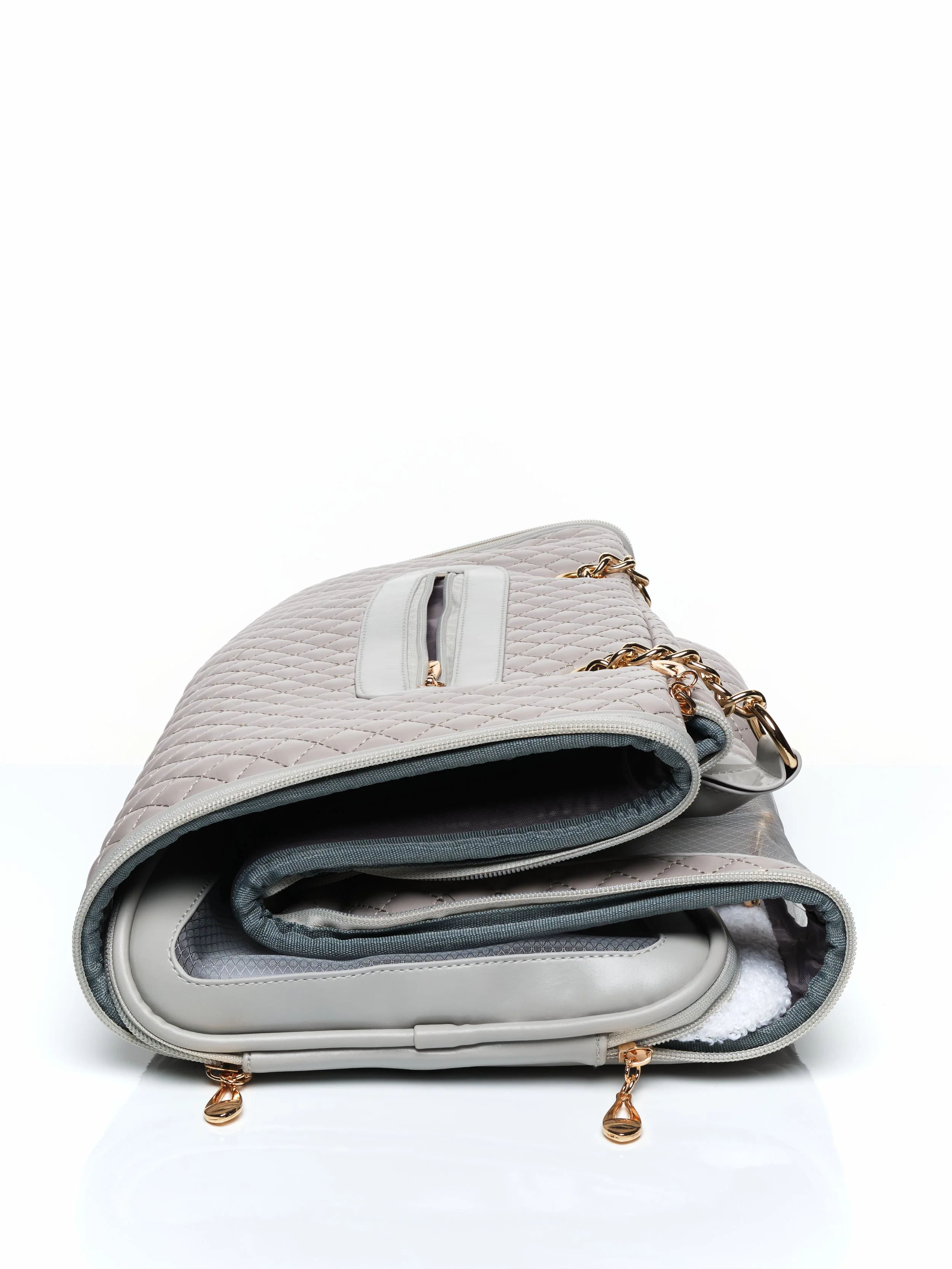 The KibbleTime Grey Ambassadeur Tote pet carrier collapsed down for storage.