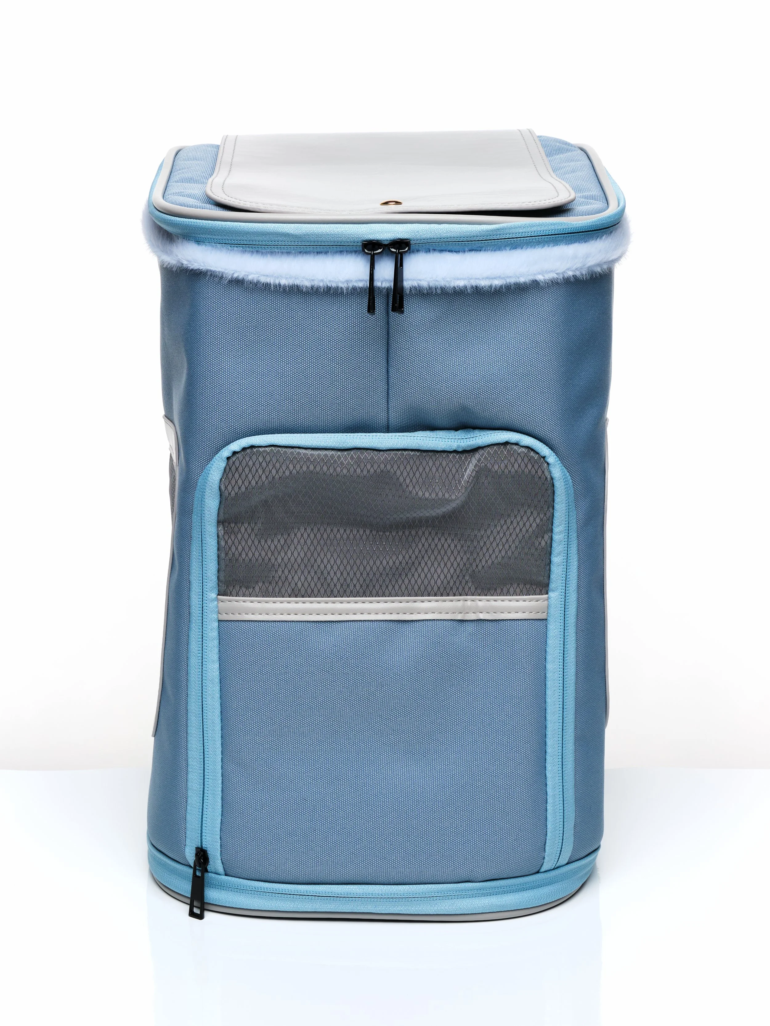Front view of the KibbleTime Sacre Bleu Backpack pet carrier.