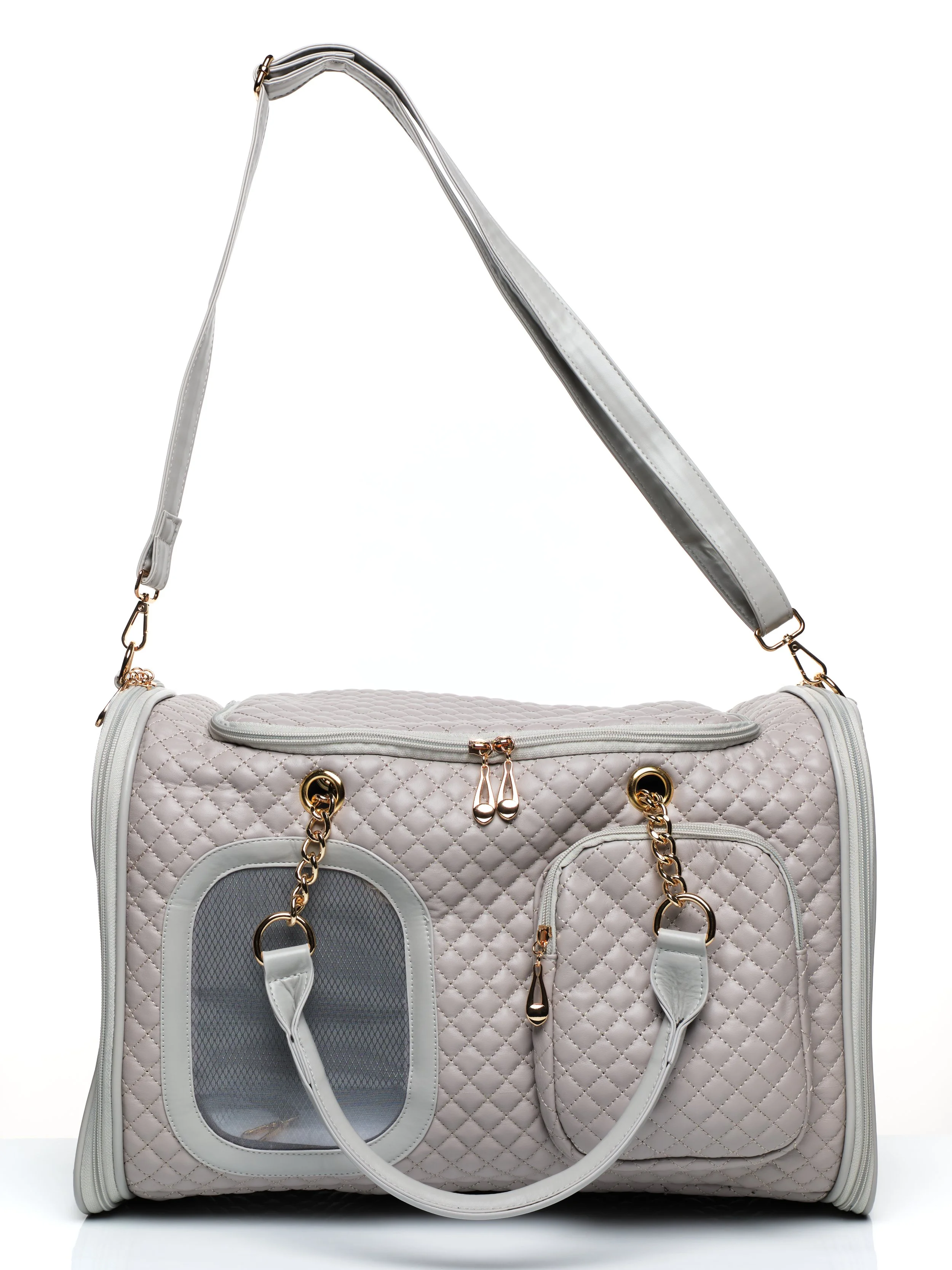 Window side view of the KibbleTime Grey Ambassadeur Tote pet carrier.