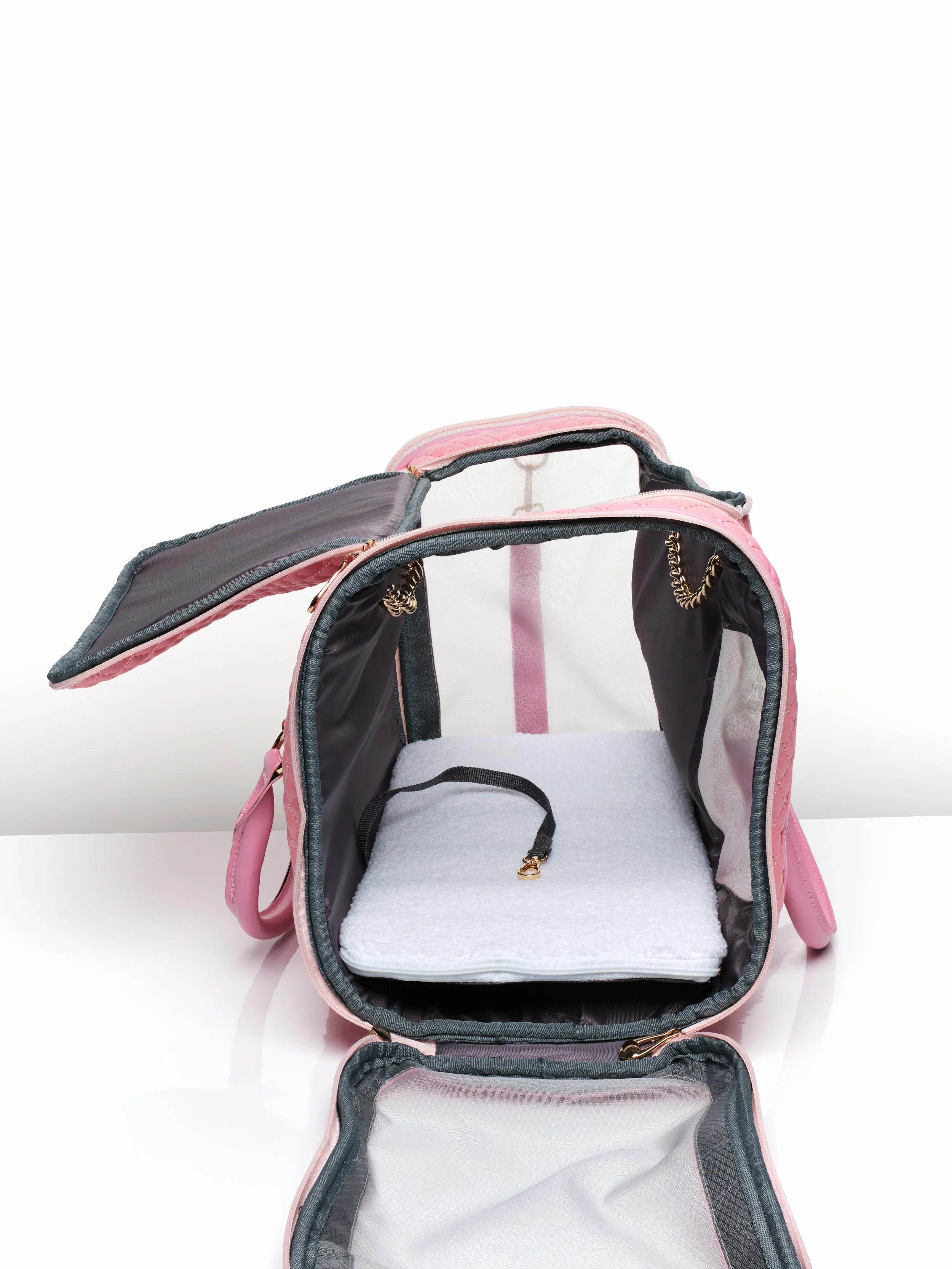 Inside view of the KibbleTime Pink Ambassadeur Tote pet carrier.