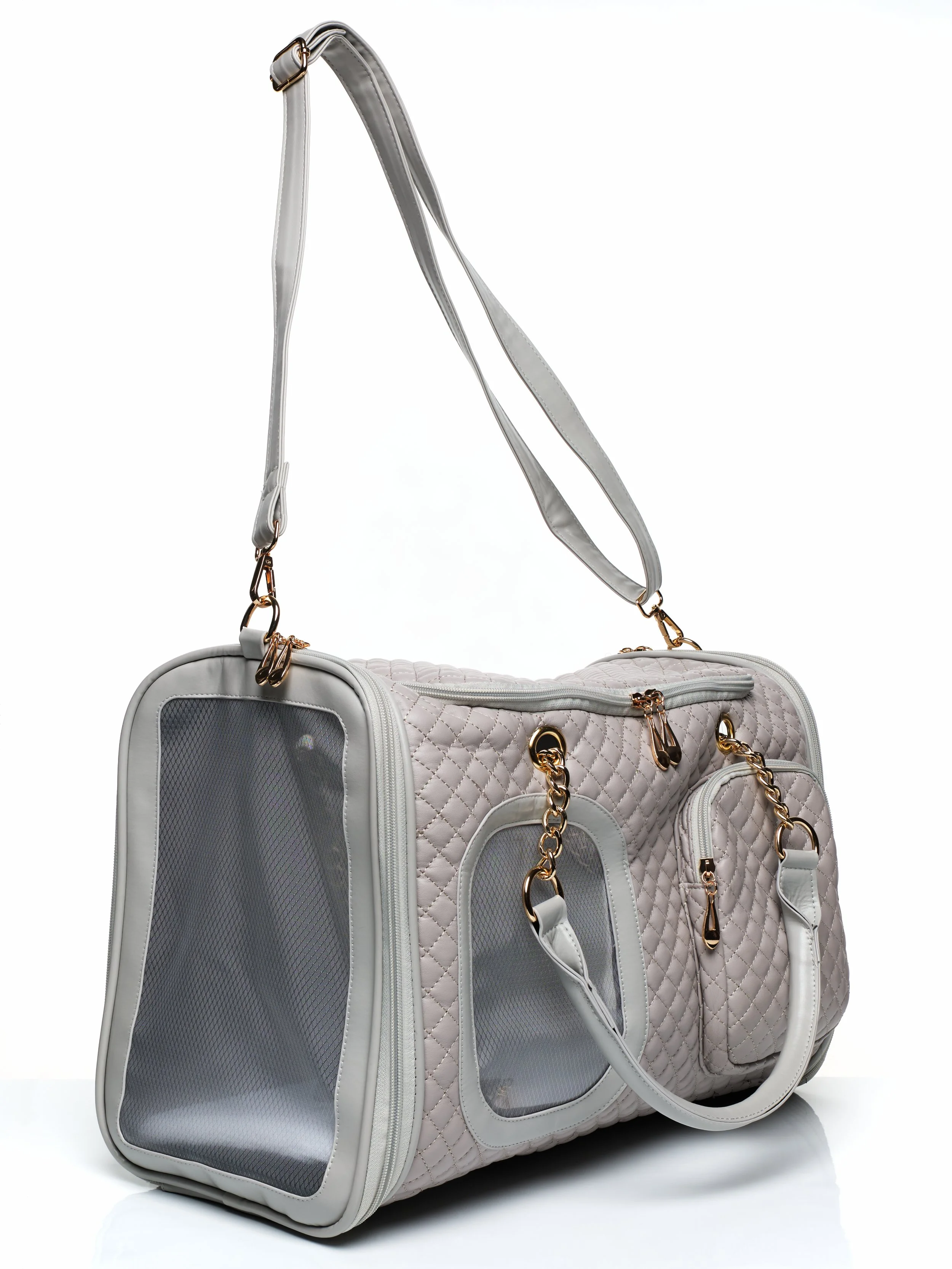 Left side angled view of the KibbleTime Grey Ambassadeur Tote pet carrier.