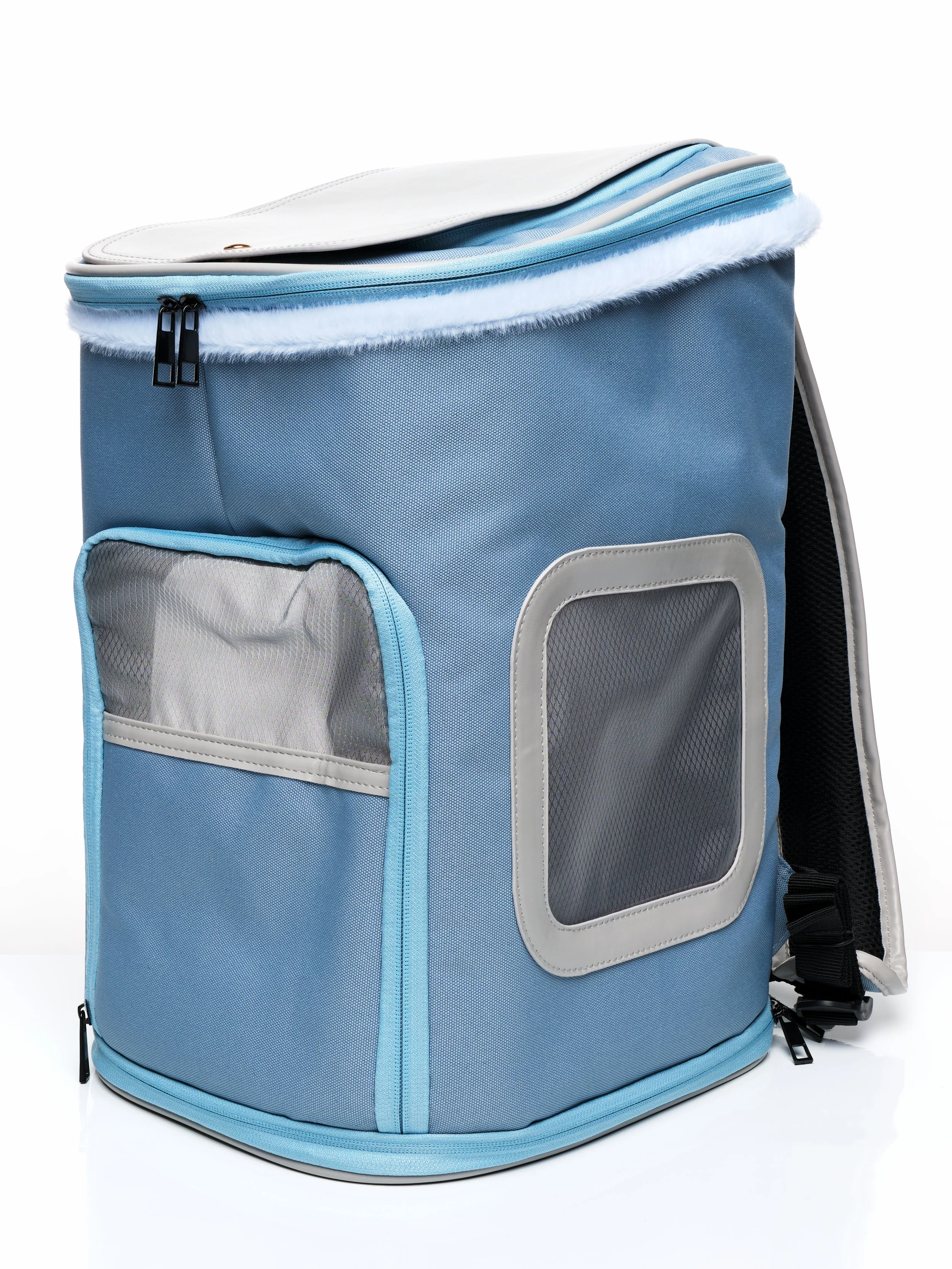 Angled right side view of the KibbleTime Sacre Bleu Backpack pet carrier.