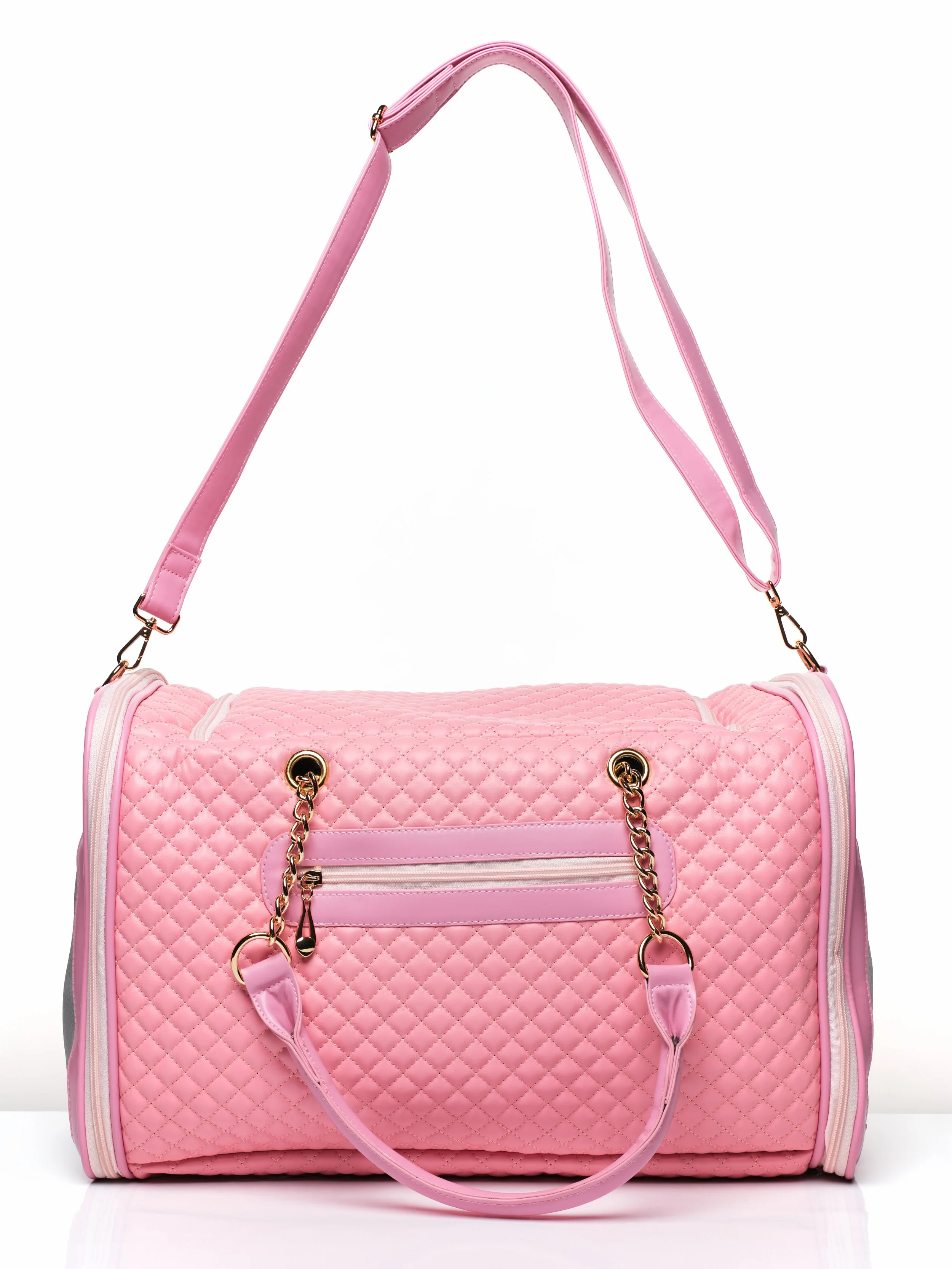Back side view of the KibbleTime Pink Ambassadeur Tote pet carrier.
