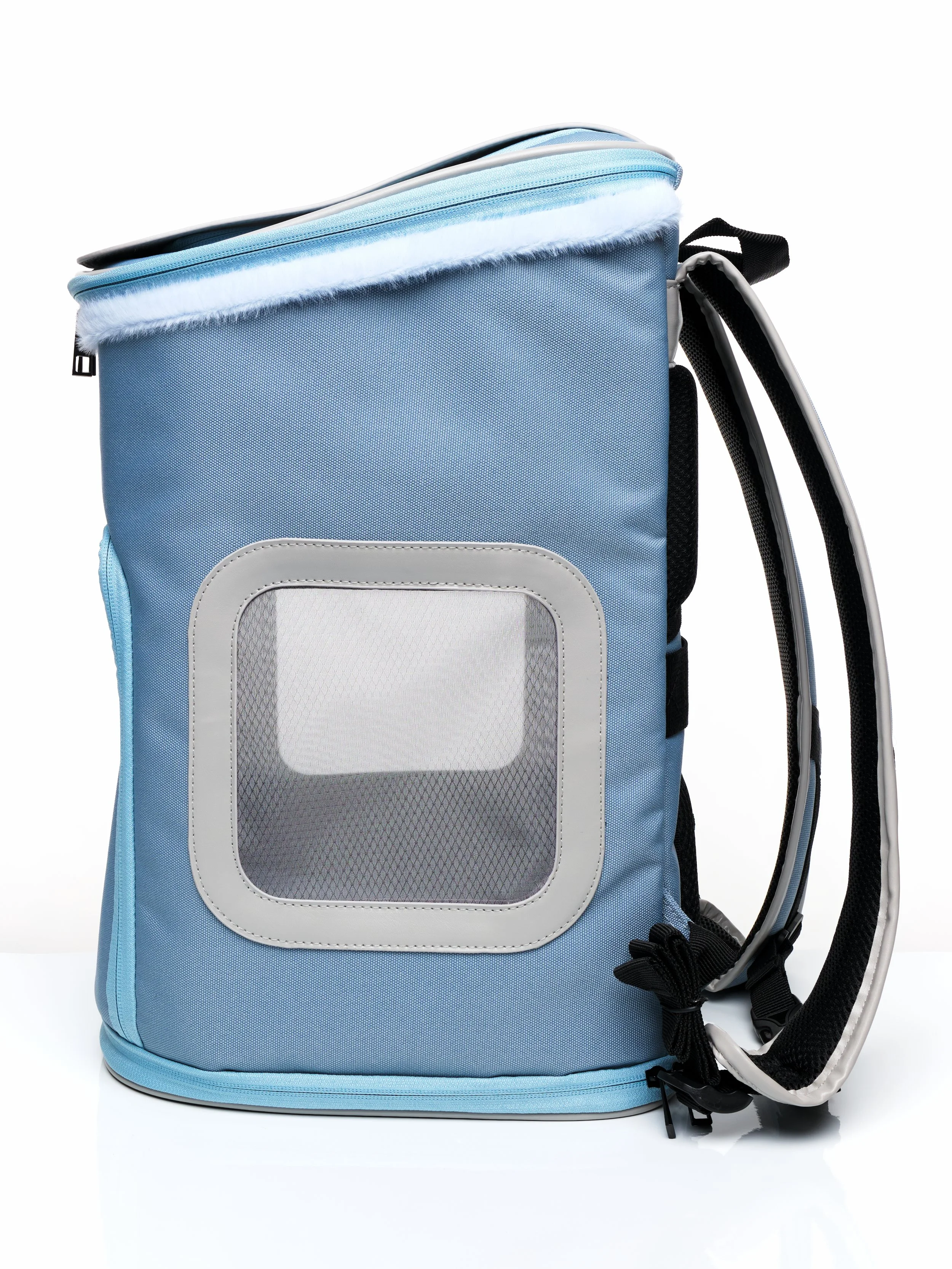 Right side view of the KibbleTime Sacre Bleu Backpack pet carrier.