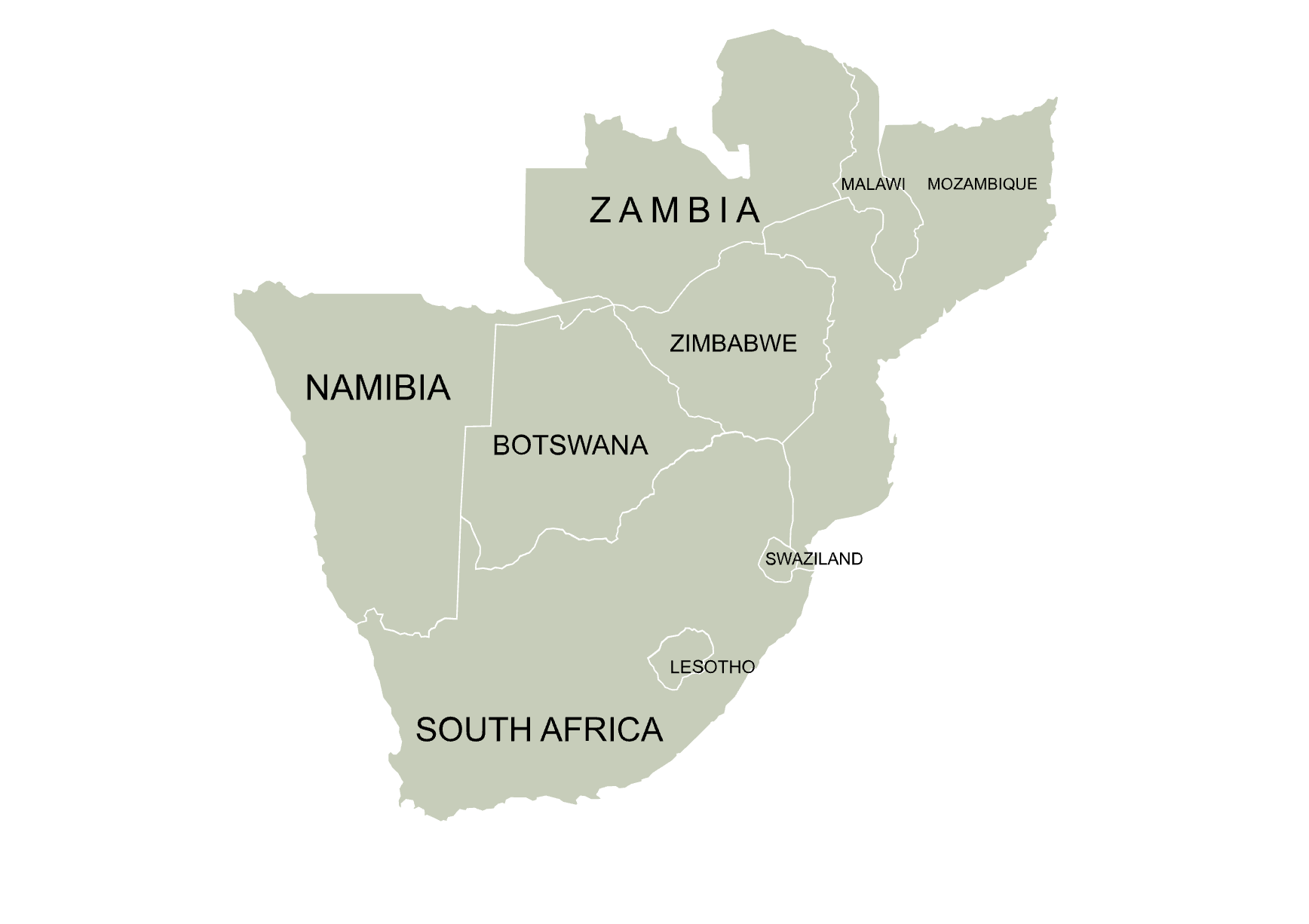 Map of Africa showing countries Zambia, Zimbabwe, Malawi, Mozambique, Namibia, Botswana, South Africa, Lesotho, and Swaziland.