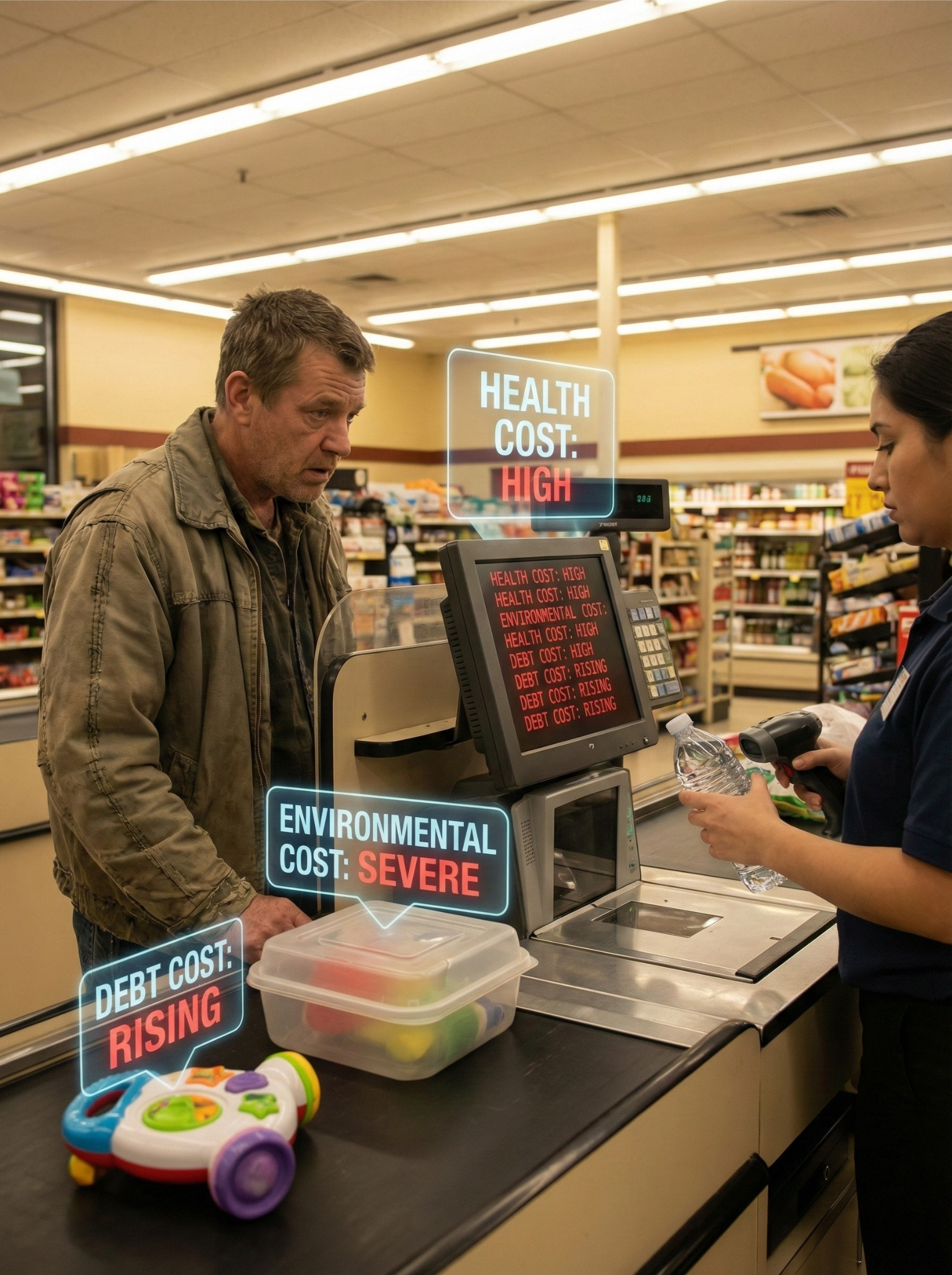 Steered into petrochemical plastics, toxic homes, and lifelong debt under the illusion of “modern convenience.”