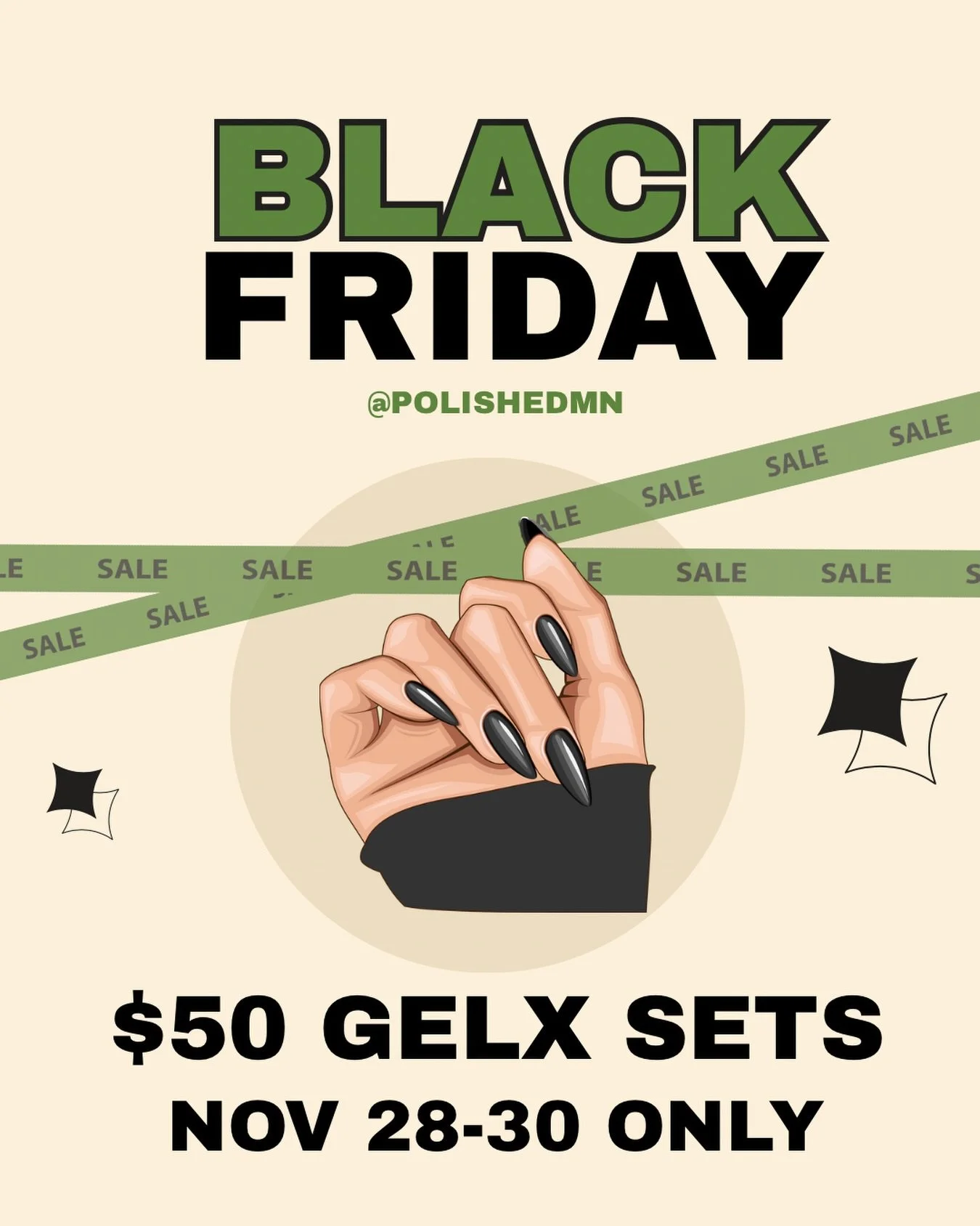 📣BLACK FRIDAY DEAL 📣
Black Friday weekend we will be doing $50 plain GelX sets any shape/length! (gel polish included!)
Not a plain nail girly? You can add french, chrome, simple cateye or 2 nail simple design for $5 ONLY! Don&rsquo;t miss out on t