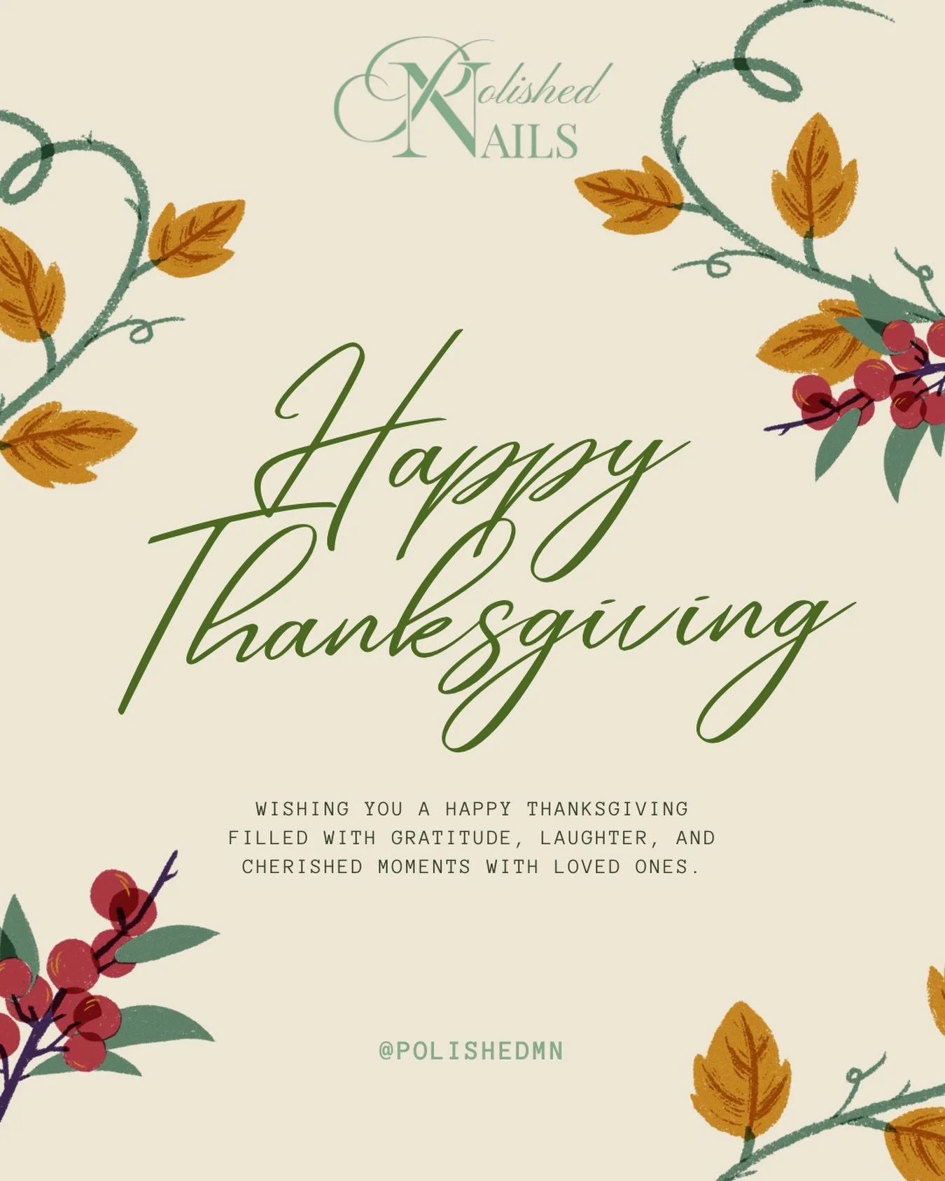We are closed for the day to spend time with our loved ones. We wish you all a lovely thanksgiving and are filled with gratitude for all your support. -Polished Nails 🤎