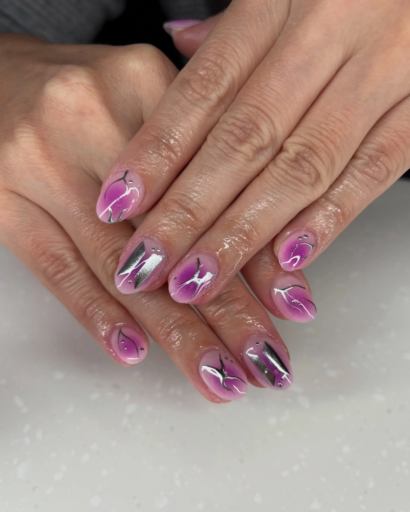 BTS Nail Art for our GelX giveaway winner! 💜🩶
DM us or click the link in our bio to book! 

#polishednailsmn #mnnailtech #btsnails #kpopnails #chromenails