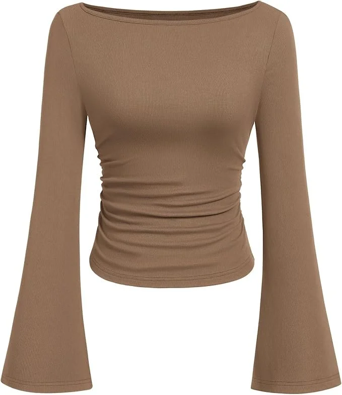 Tan Bell Sleeve Rouched Top