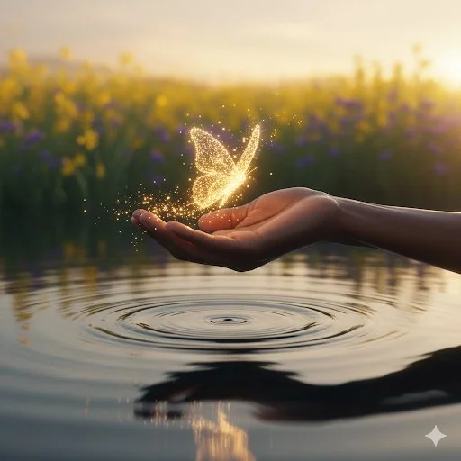 A hand holding a glowing, glittering butterfly made of light over a body of water, with a sunset and flower field in the background.