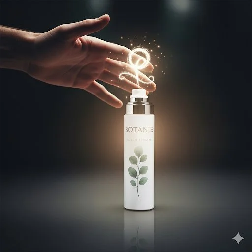A hand pressing a pump dispenser on a white bottle labeled 'BOTANIE' with a plant graphic, emitting a glowing, swirling light effect.