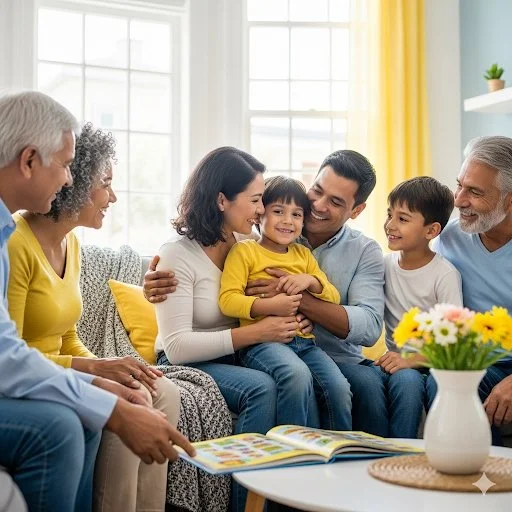 Multi-generational family sitting on a couch in a bright living room, holding a young girl, and reading a colorful book together.