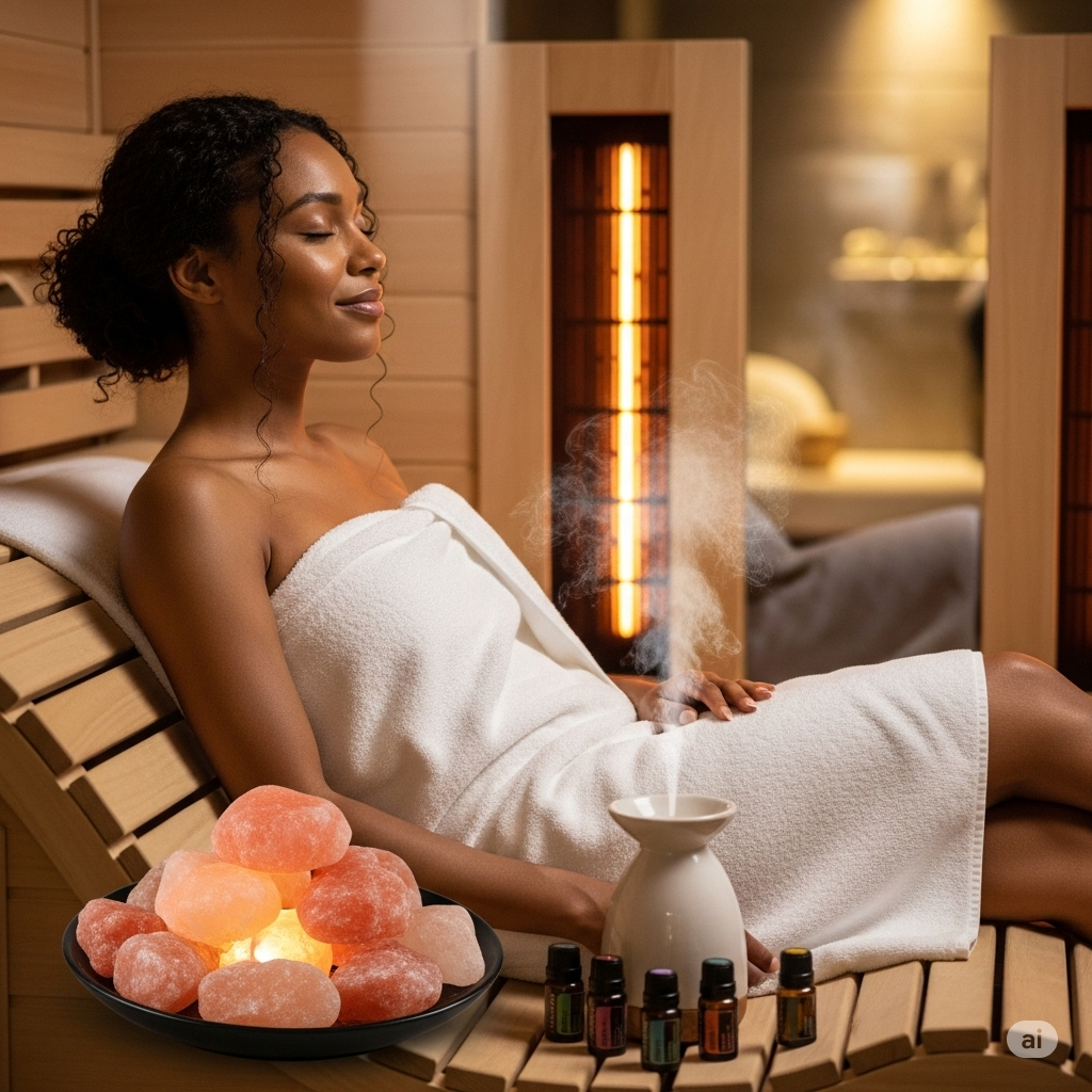 A woman relaxing in a spa with a towel wrapped around her body, sitting on a wooden lounge chair, with Himalayan salt stones, essential oils, and a diffuser producing steam nearby in a warm-lit room.