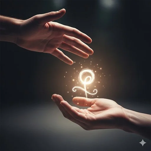Two hands, one above the other, with a glowing, swirling light between them in a dark background.