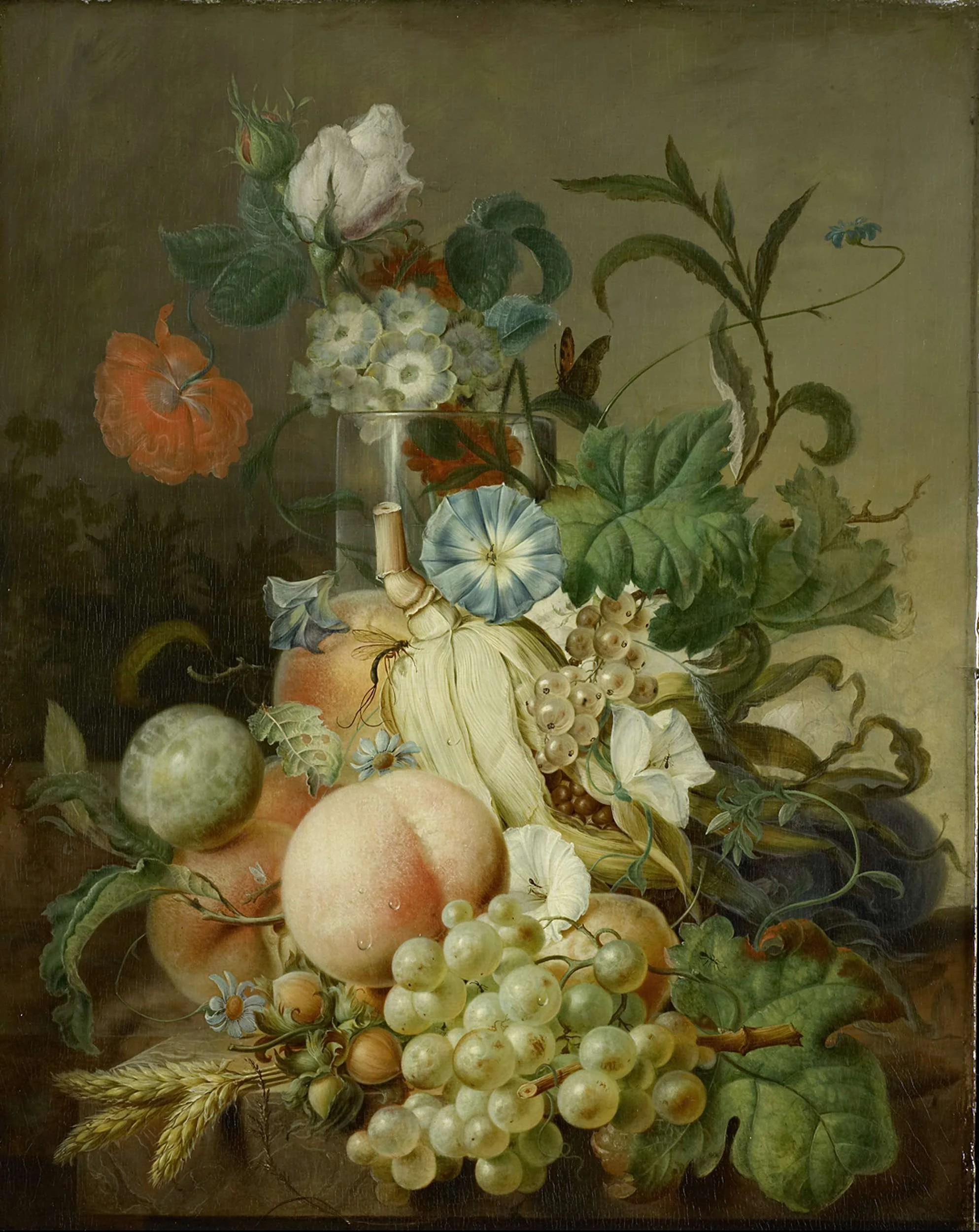 A still life painting of various fruits including peaches, grapes, an apple, and a melon, with a bouquet of flowers in a vase behind them.