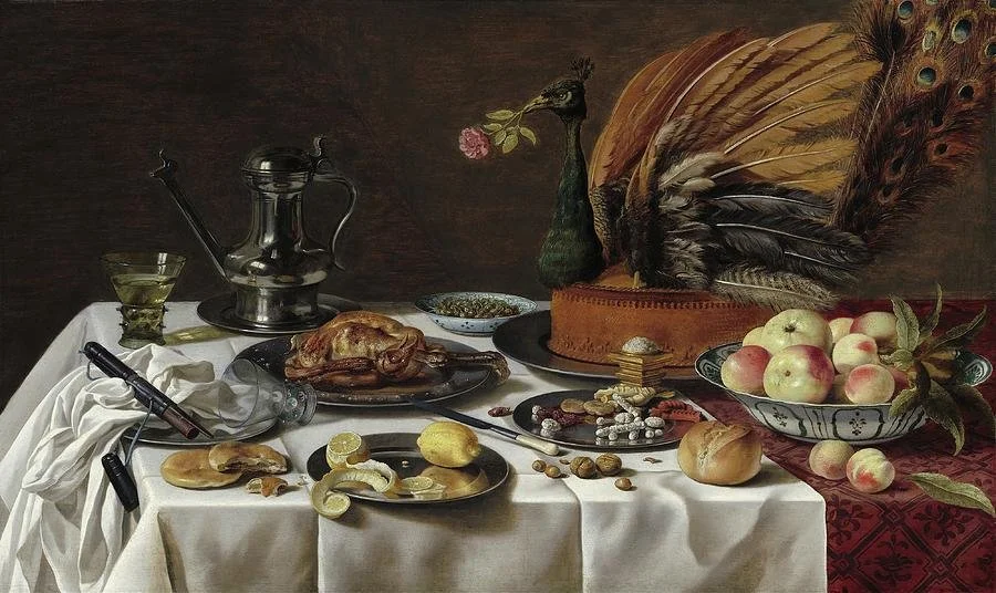 A still life painting of a table with a roasted chicken, a silver pitcher, a basket of peaches, a plate with lemon halves, a black pheasant, and various other food items and objects on a white tablecloth.