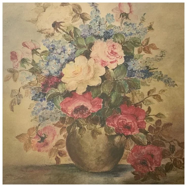 A watercolor painting of a bouquet of roses and other flowers in a round, dark vase on a surface with a neutral background.