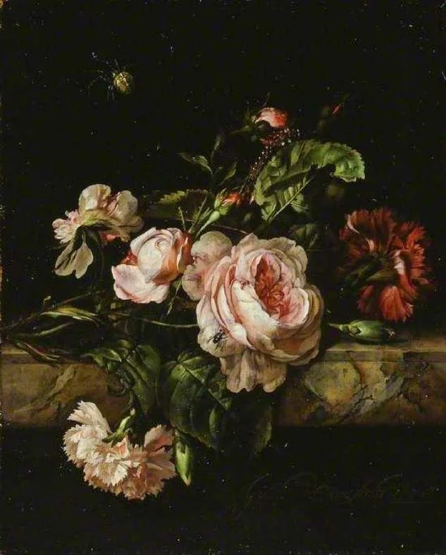 A still life painting of a bouquet of peonies and other flowers arranged on a marble surface against a dark background.