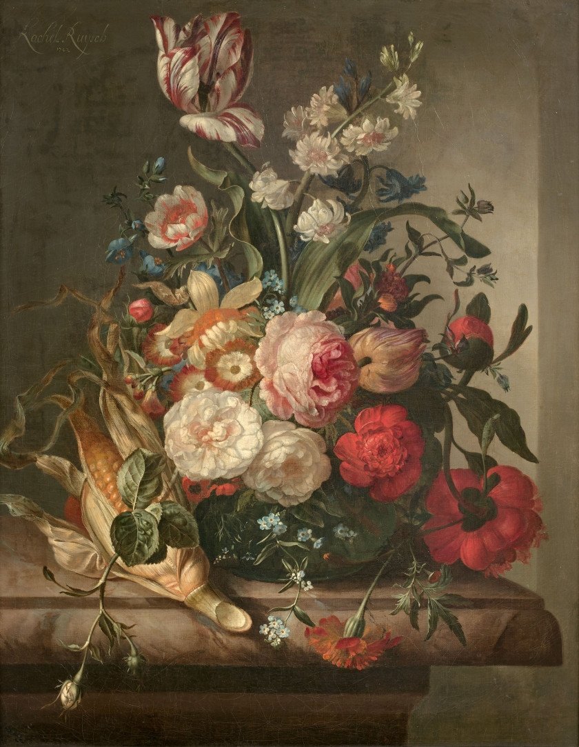 A still life painting of a large bouquet of various flowers, including tulips, roses, and daisies, arranged in a dark vase on a wooden surface.