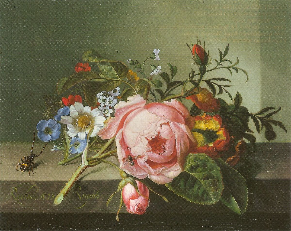 A still life painting of various flowers, including a pink rose, white daisies, blue and yellow flowers, with a bee on the pink rose, set against a dark background.