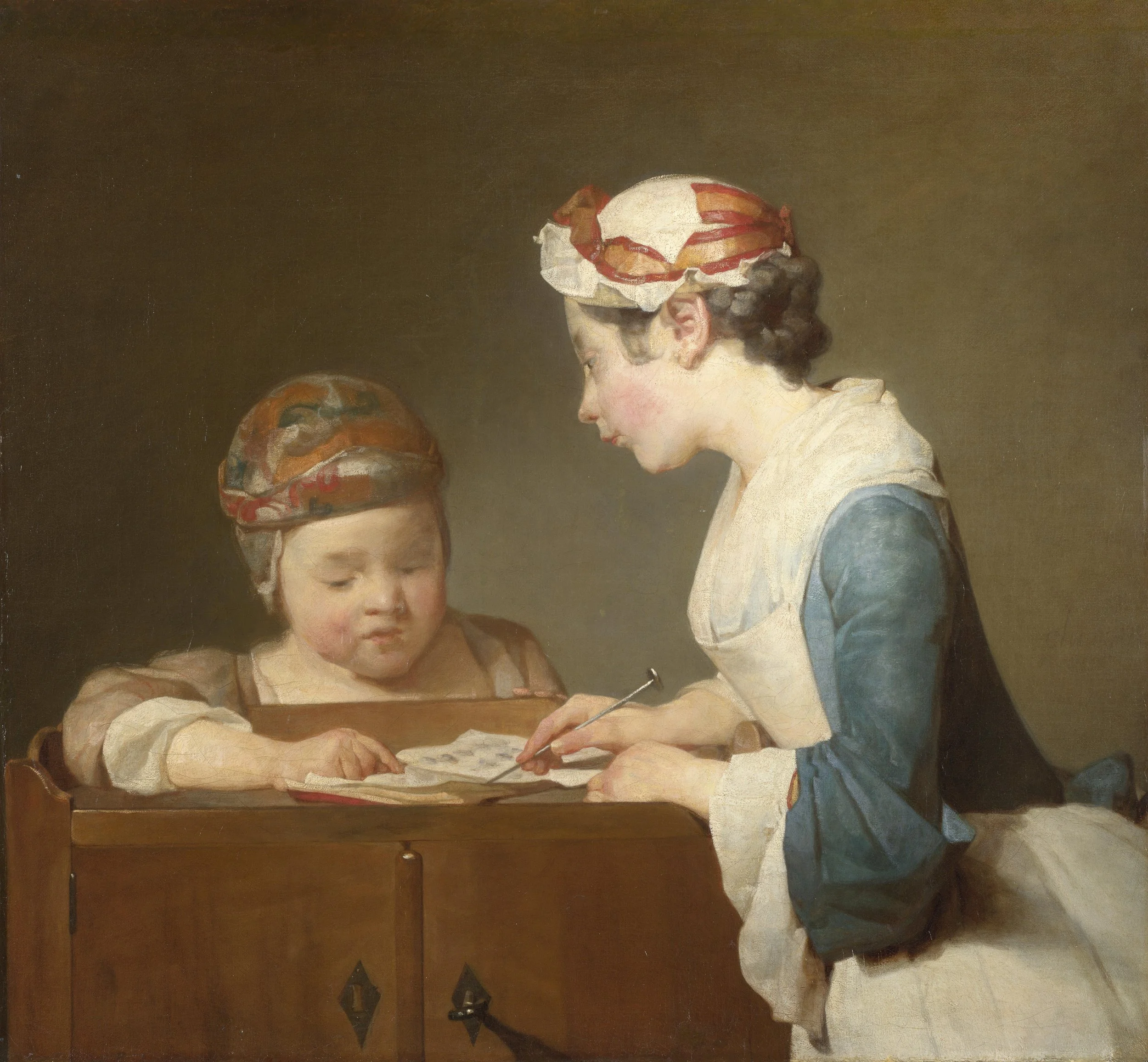 A painting of a woman and a young girl looking at a piece of paper or letter together. The woman is in a blue dress with a white apron and a white and red headscarf. The young girl is wearing a headscarf of a similar style and a brown dress. They are leaning over a wooden table or chest.
