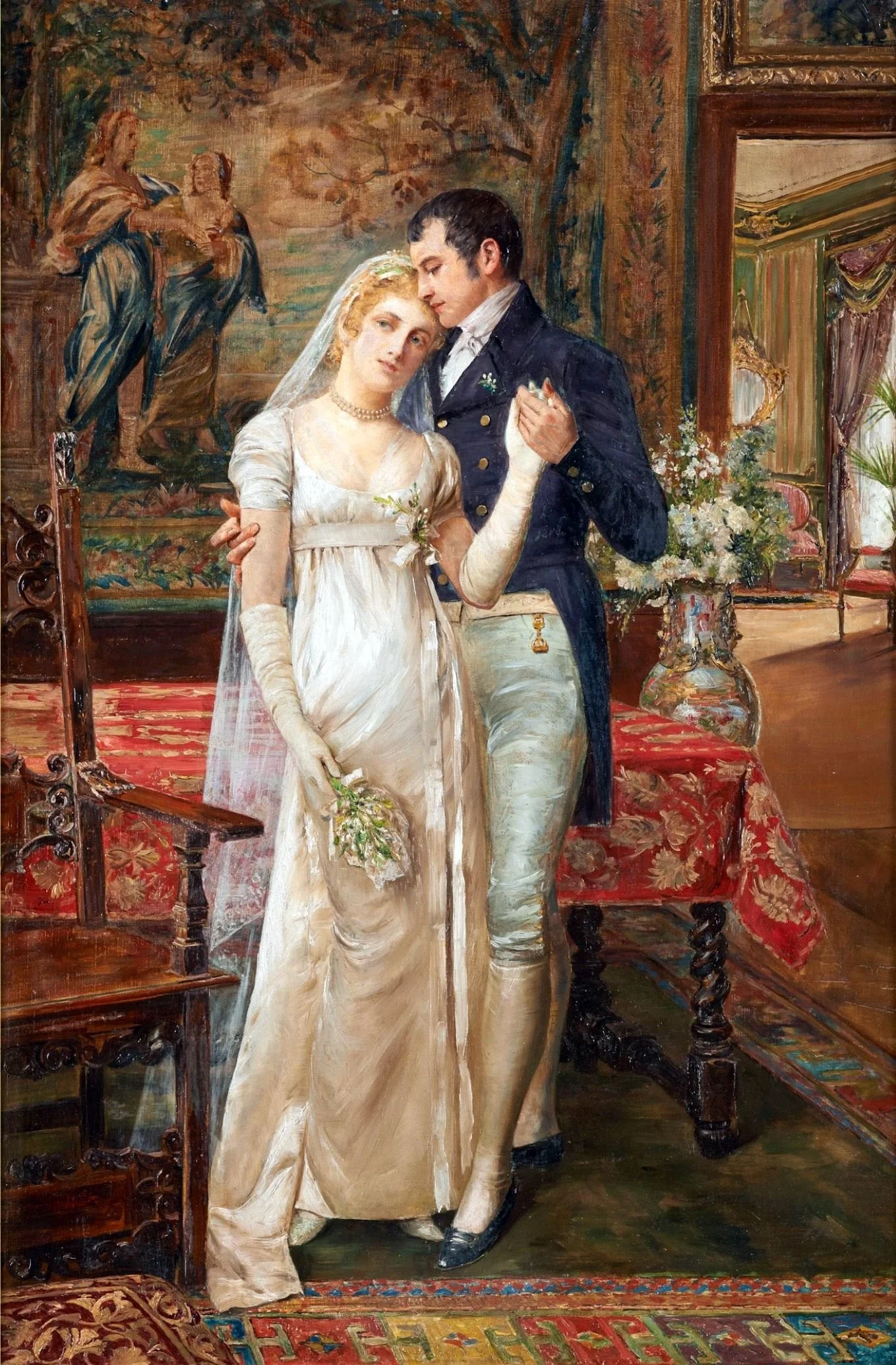A painting of a bride and groom in wedding attire standing close together indoors, with the bride holding a bouquet of flowers and wearing long gloves, a veil, and a pearl necklace. The groom is wearing a dark navy military uniform. The background features a large tapestry, flowers, and elegant furnishings.
