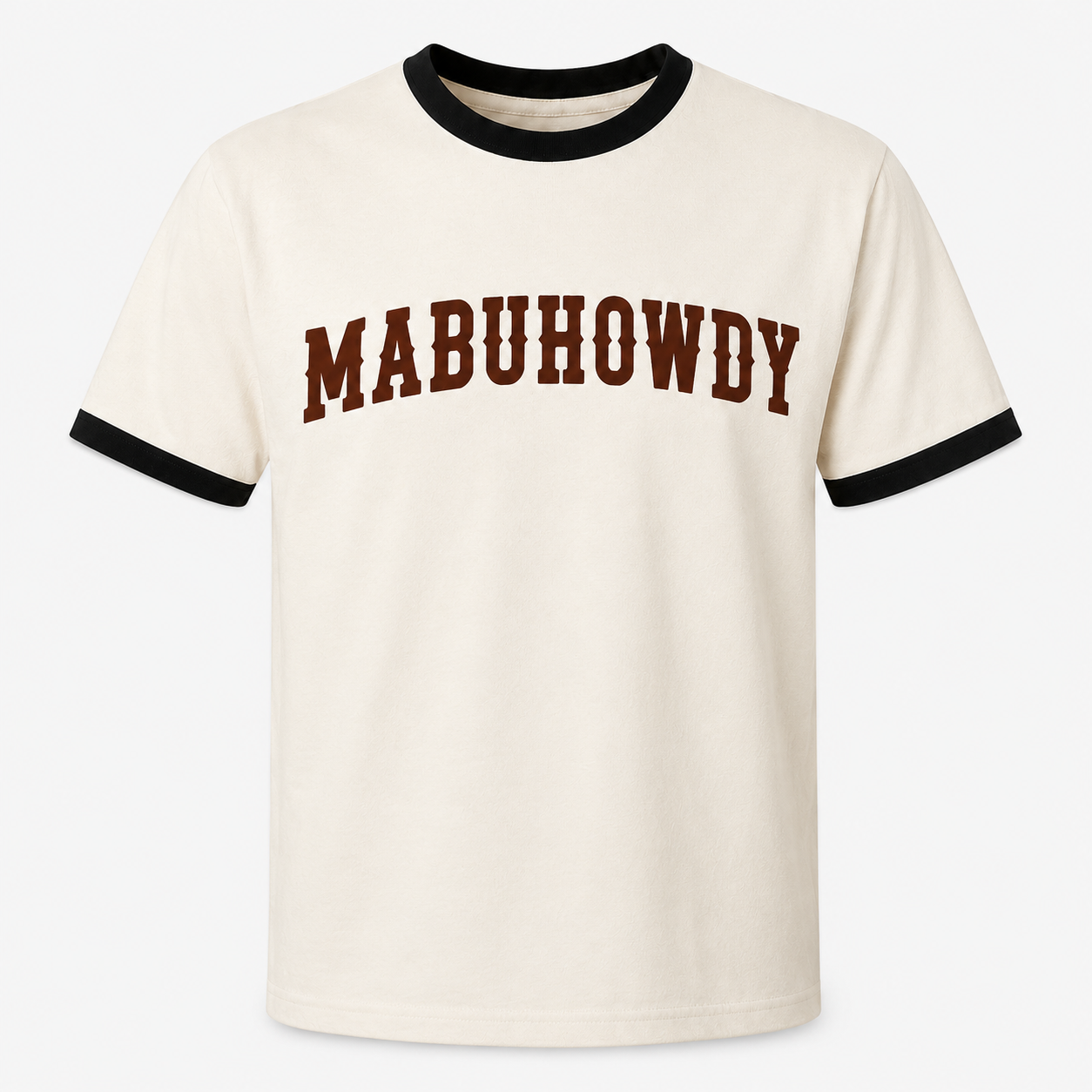 Front view of the MABUHOWDY™ Ringer Tee in vintage cream with black trim and bold oxblood lettering.