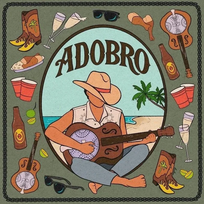 Adobro artwork featuring a cowboy playing guitar on a beach, blending Texas country and tropical island vibes with music and lifestyle elements.