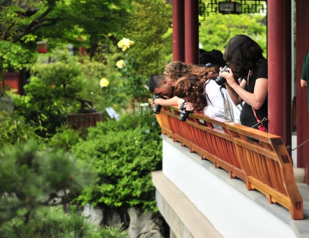 Students photographing koi pond at Dr. Sun Yat-Sen Garden, Vancouver