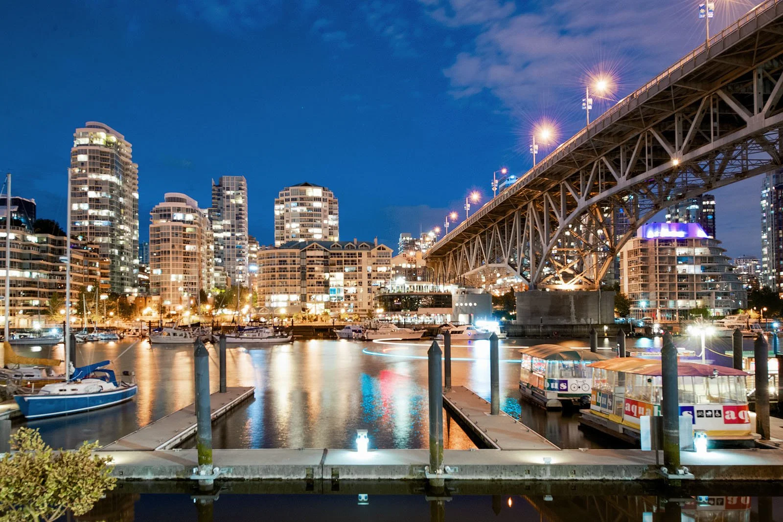 City lights and waterfront reflections photographed in Vancouver night photography class