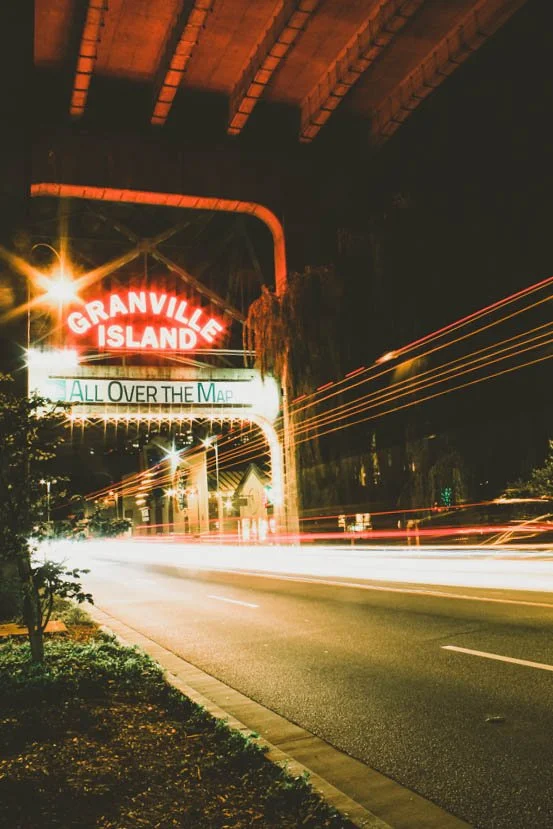 Granville Island sign at night photographed during Vancouver photo workshop