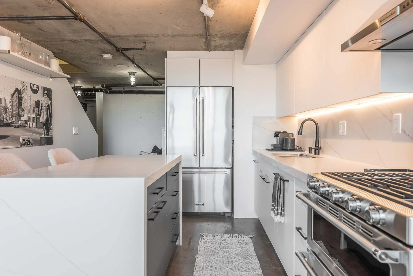 Bright modern kitchen with stainless appliances, South Shore home architecture photography