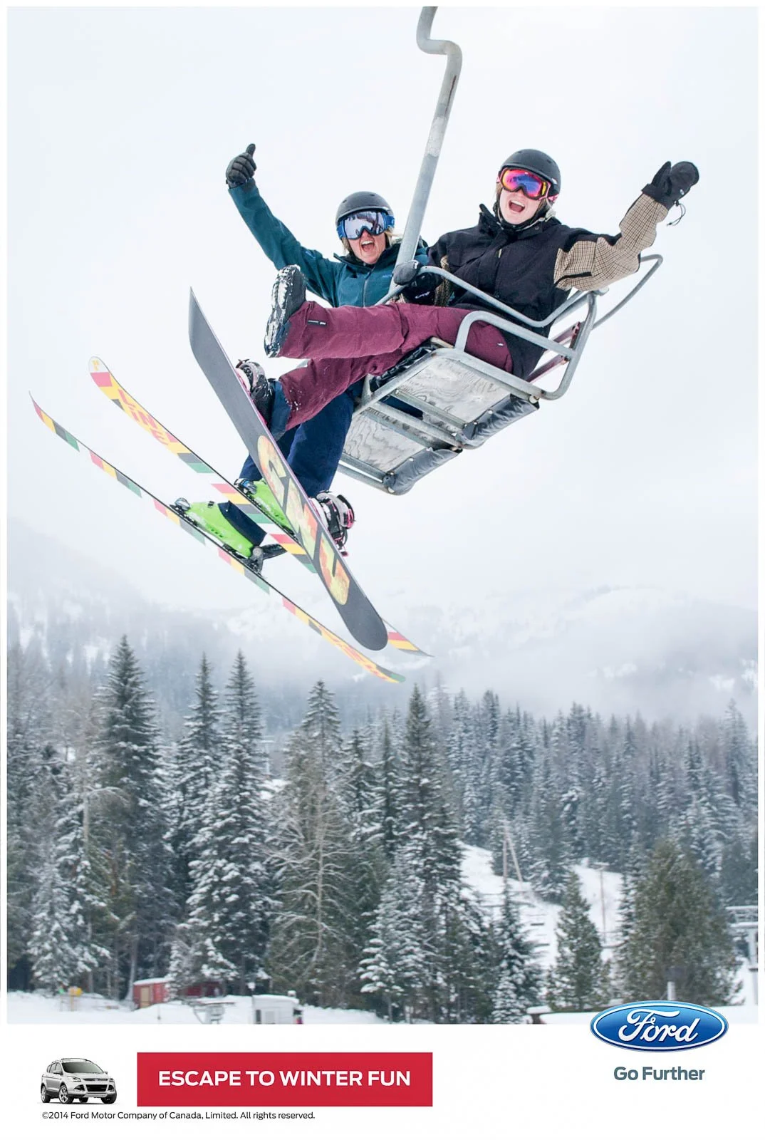 Couple in winter gear on ski lift, branding photo shoot for Ford