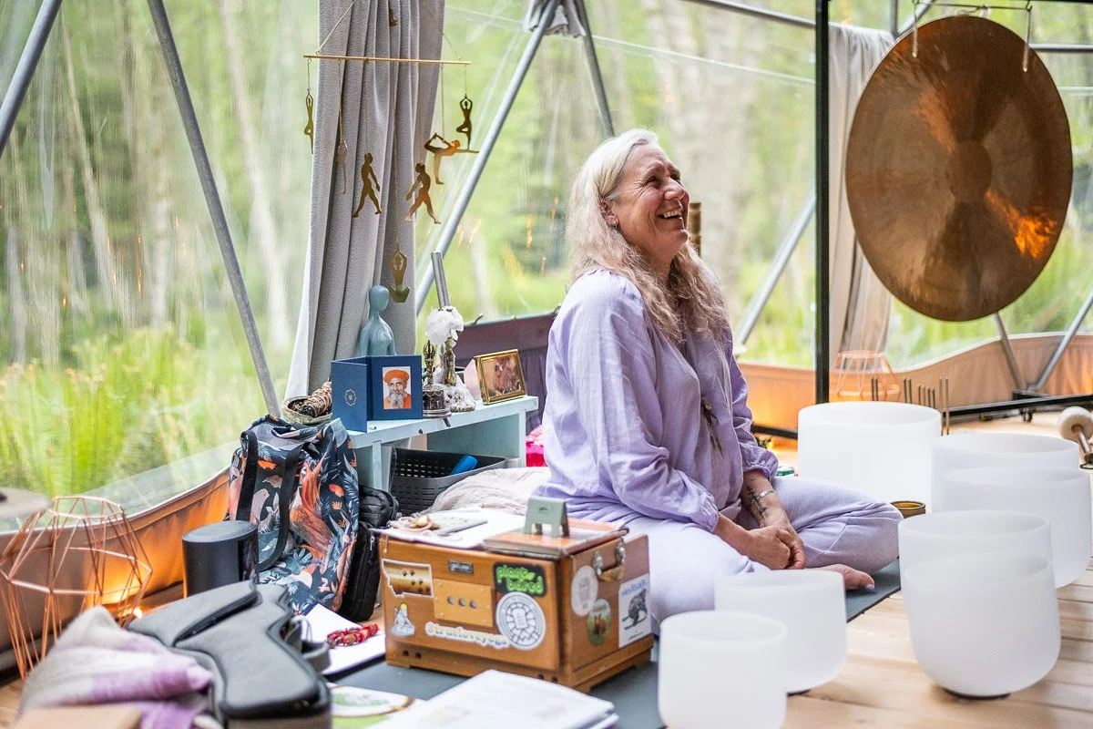 Crystal bowls sound healing at retreat, event photography Nova Scotia