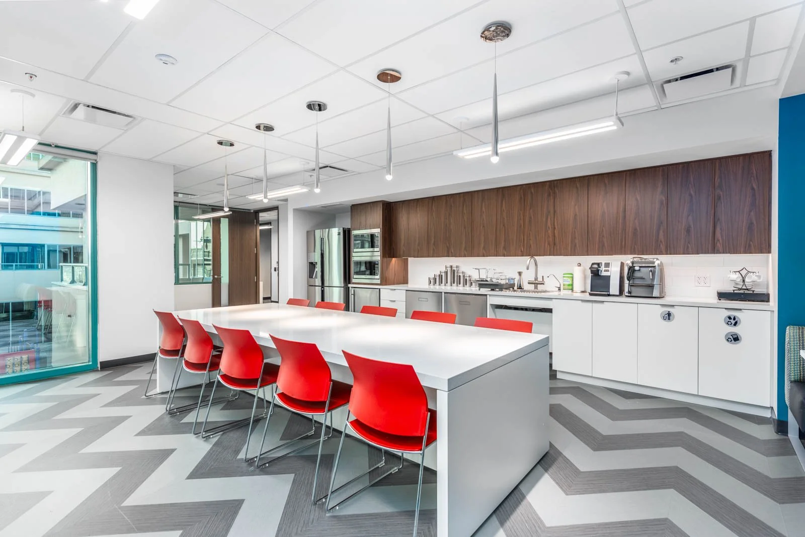 Open office space with red chairs, commercial spaces photographer Nova Scotia