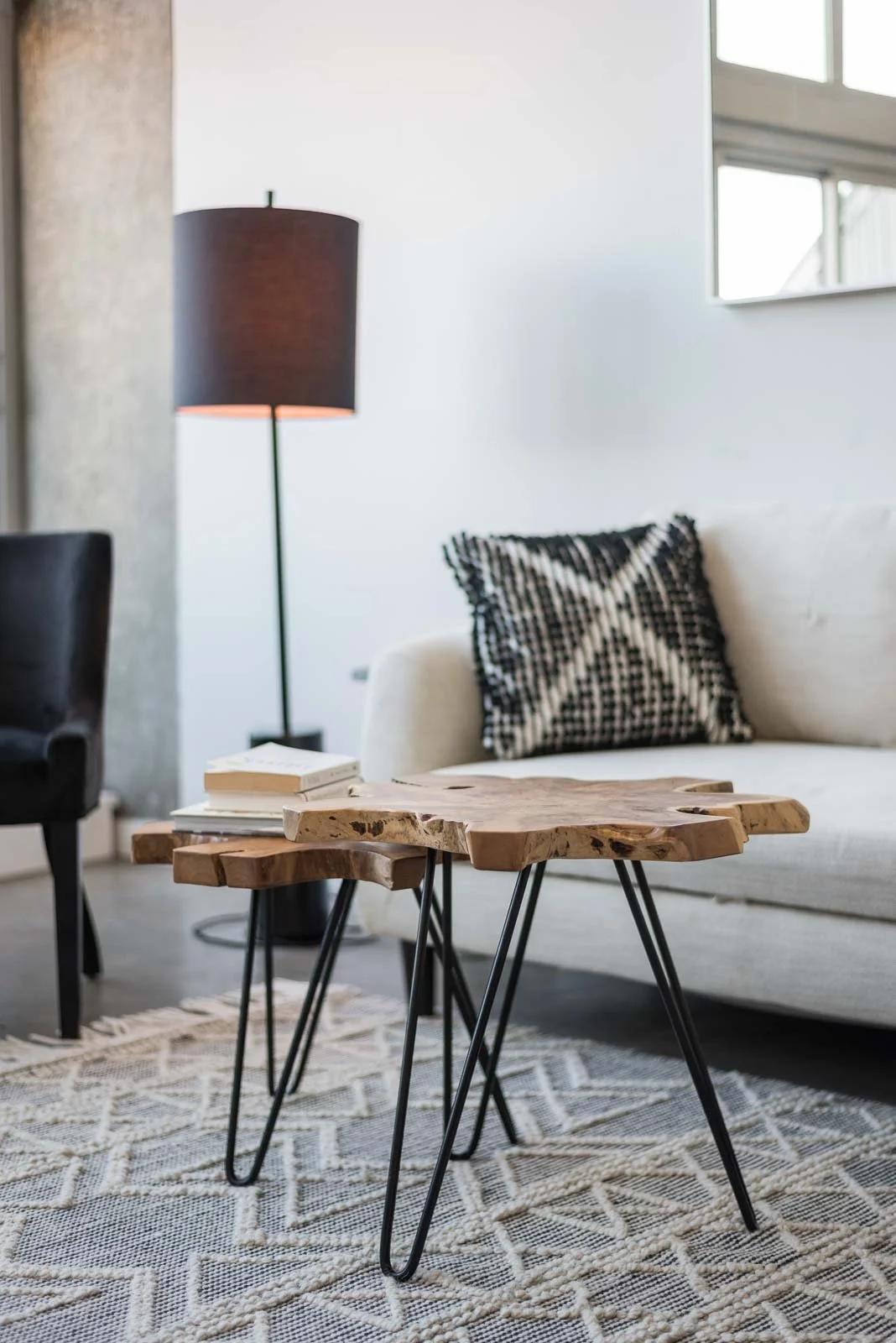 Living room with wood coffee table and sofa, Halifax interior design photography