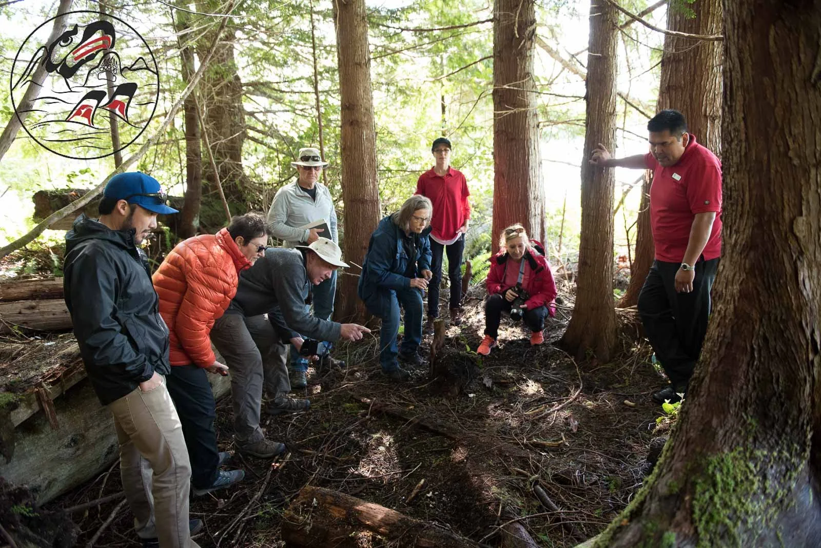 Group in forest, tour business branding photography
