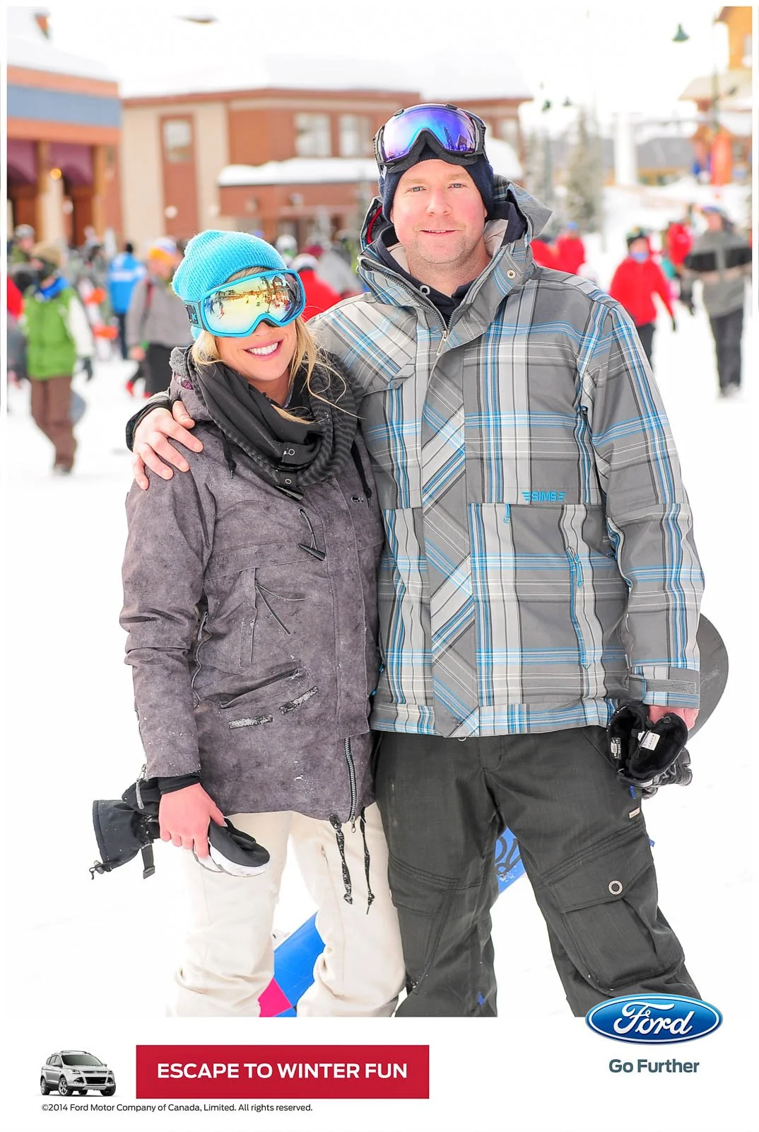 Outdoor branding photo of couple in ski gear, branding photo shoot for Ford
