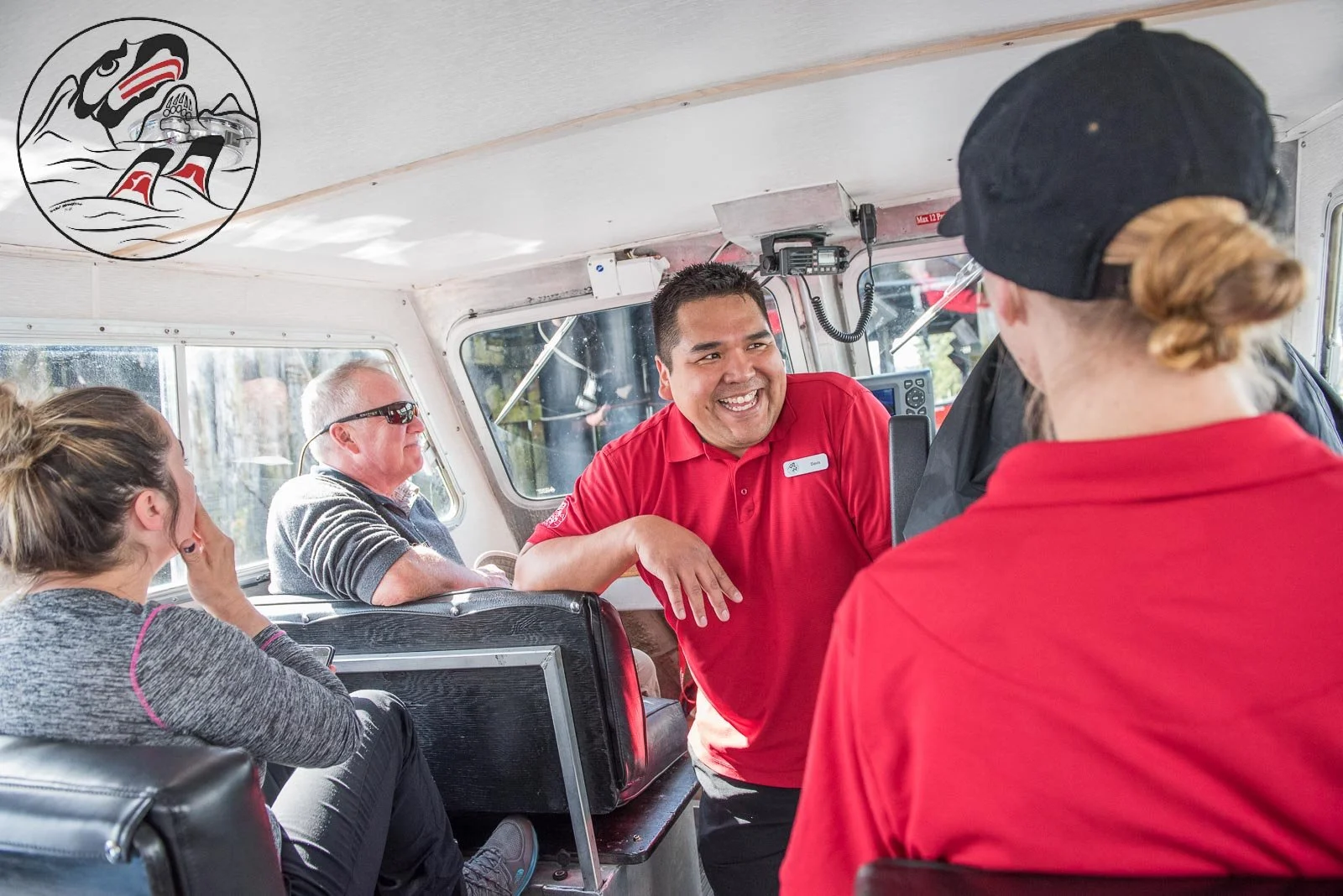 Tour guide on bus with tourists, tourism branding photography