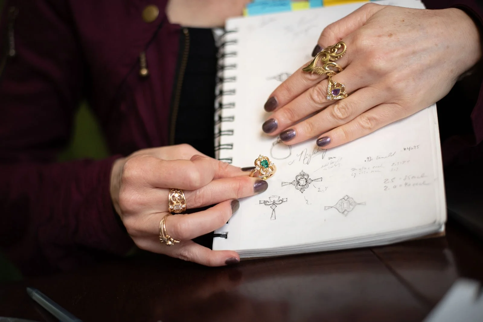 Jewelry designer showing ring and sketches, Halifax small business branding photography