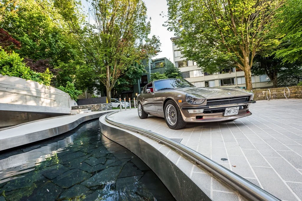 Vintage sports car in urban outdoor setting, automotive branding photography