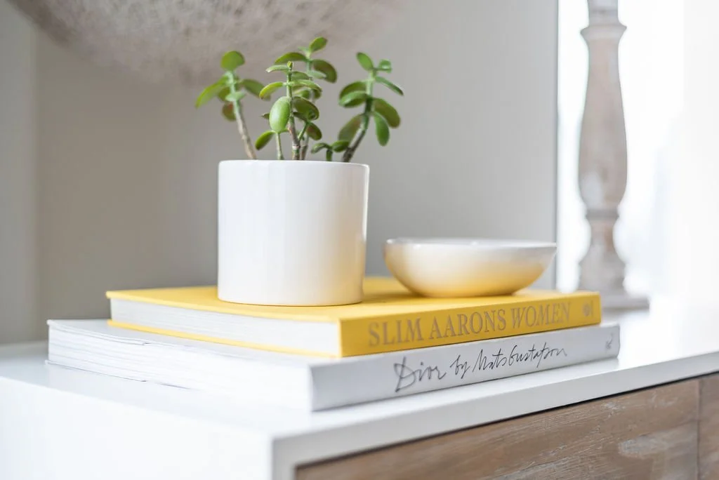 Close-up of styled books and decor, design photography Halifax