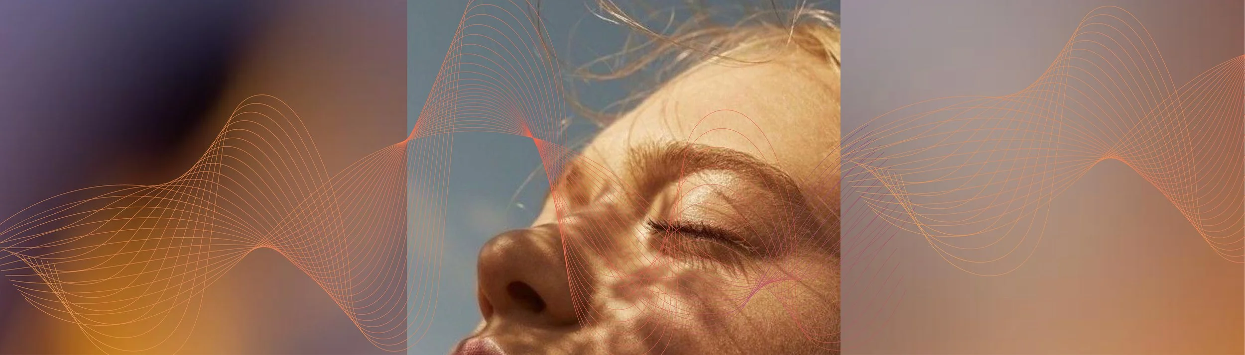 Close-up of a woman's face with eyes closed, blonde hair, and makeup, overlaid with orange waveform lines.