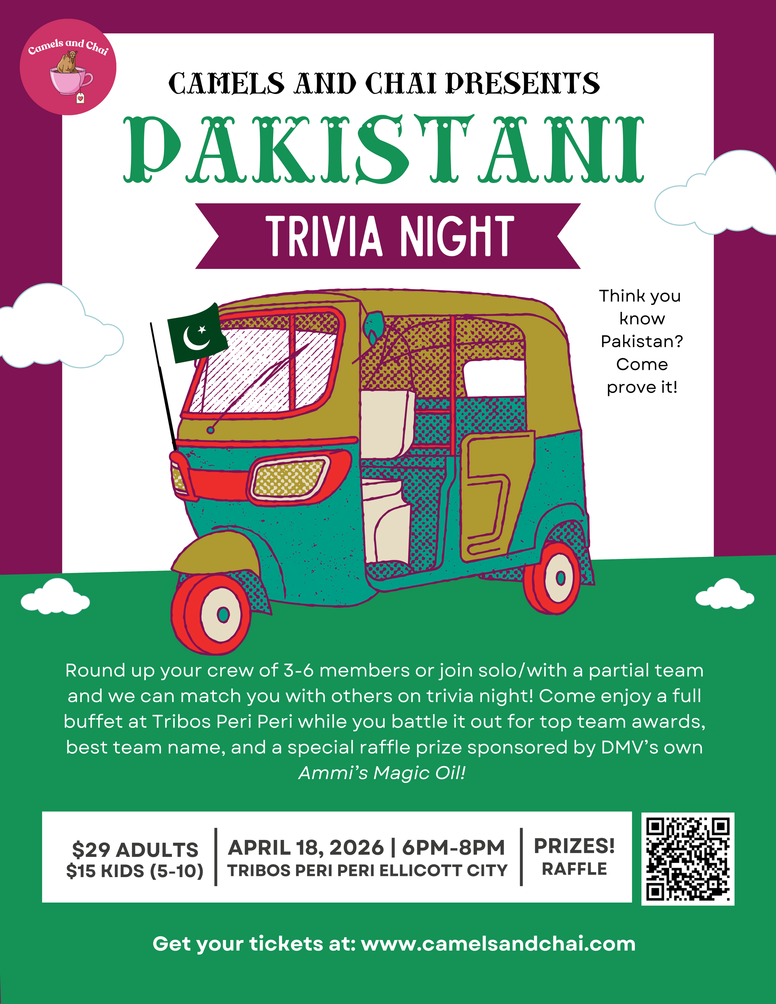 Flyer advertising Pakistan-themed trivia night hosted by Camels and Chai. Features an illustration of a tuk-tuk with a Pakistan flag, event details including date, time, location, price, and a QR code for tickets.